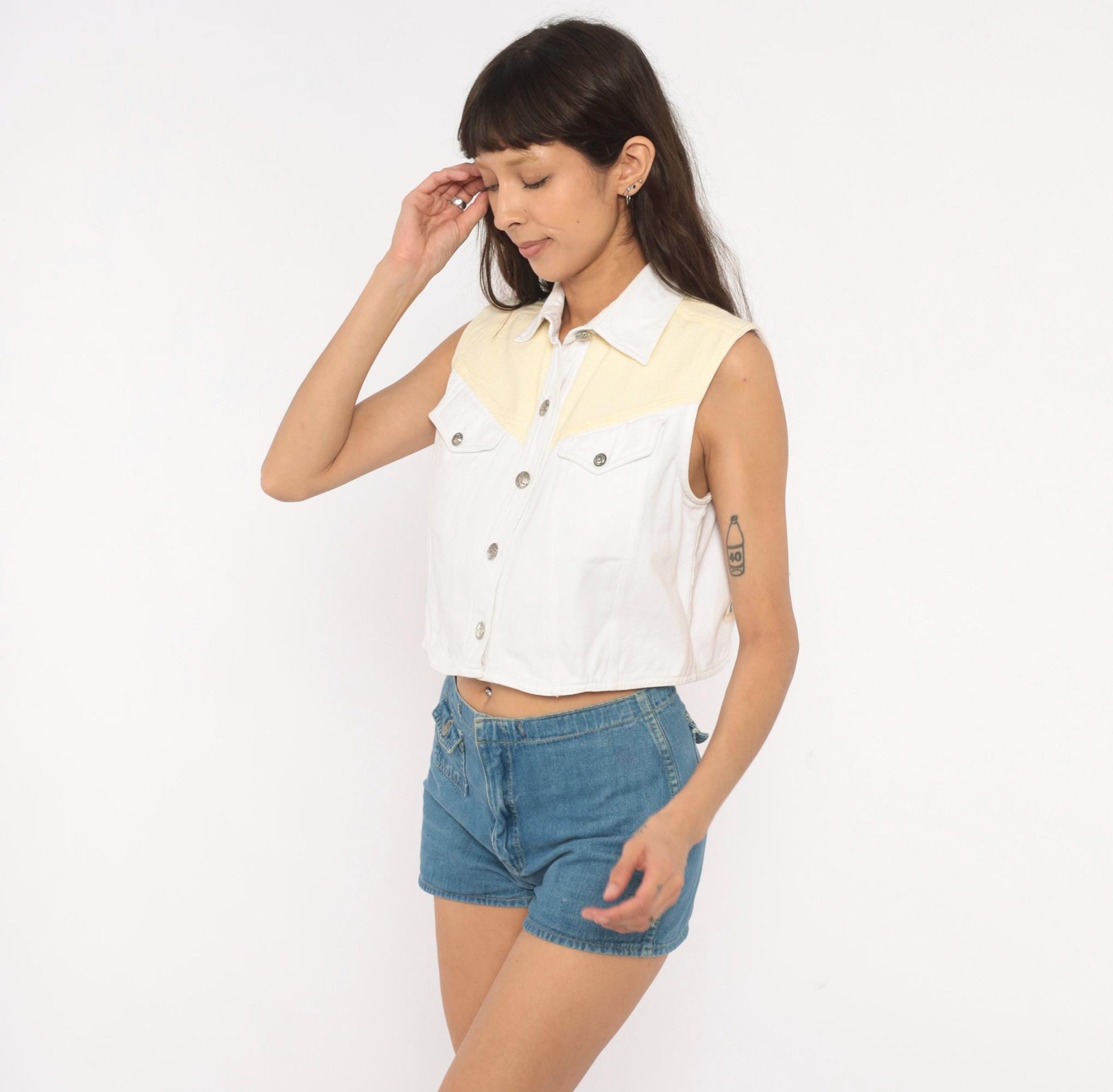90s Ozark Western Crop Vest White Yellow Gingham Cotton Concho Medium M