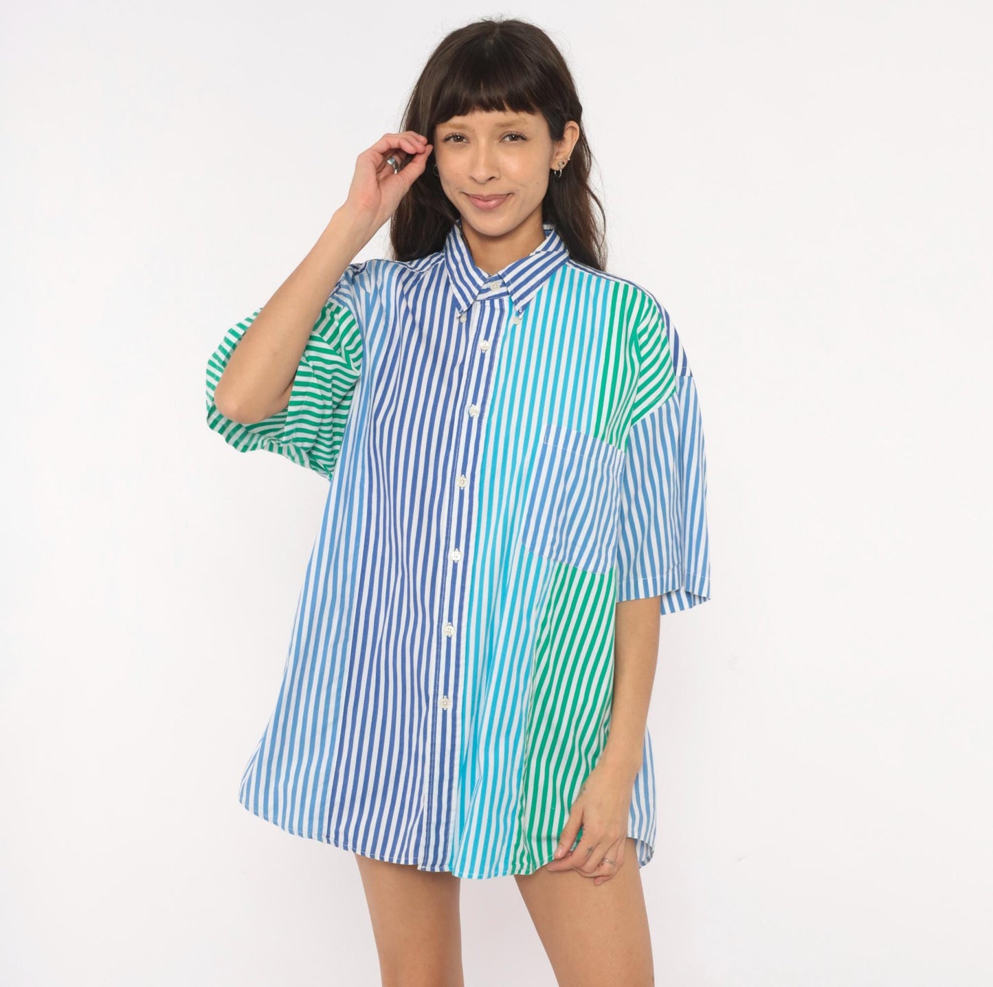 90s Van Heusen Multi-Stripe Patchwork Cotton Button-Up Shirt Large L