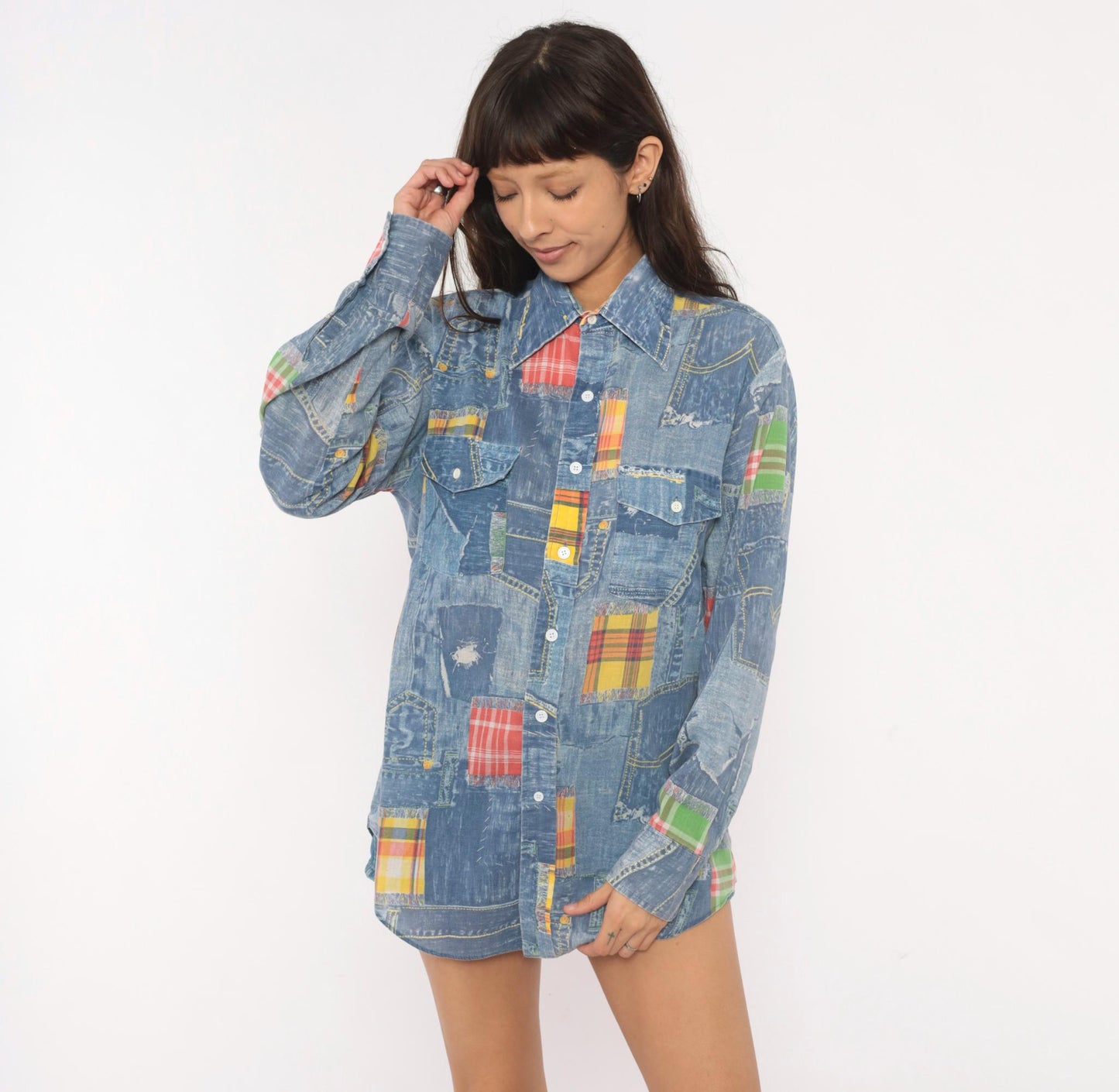 70s Permanent Press Patchwork Denim Print Shirt Madras Plaid Blue Yellow Medium