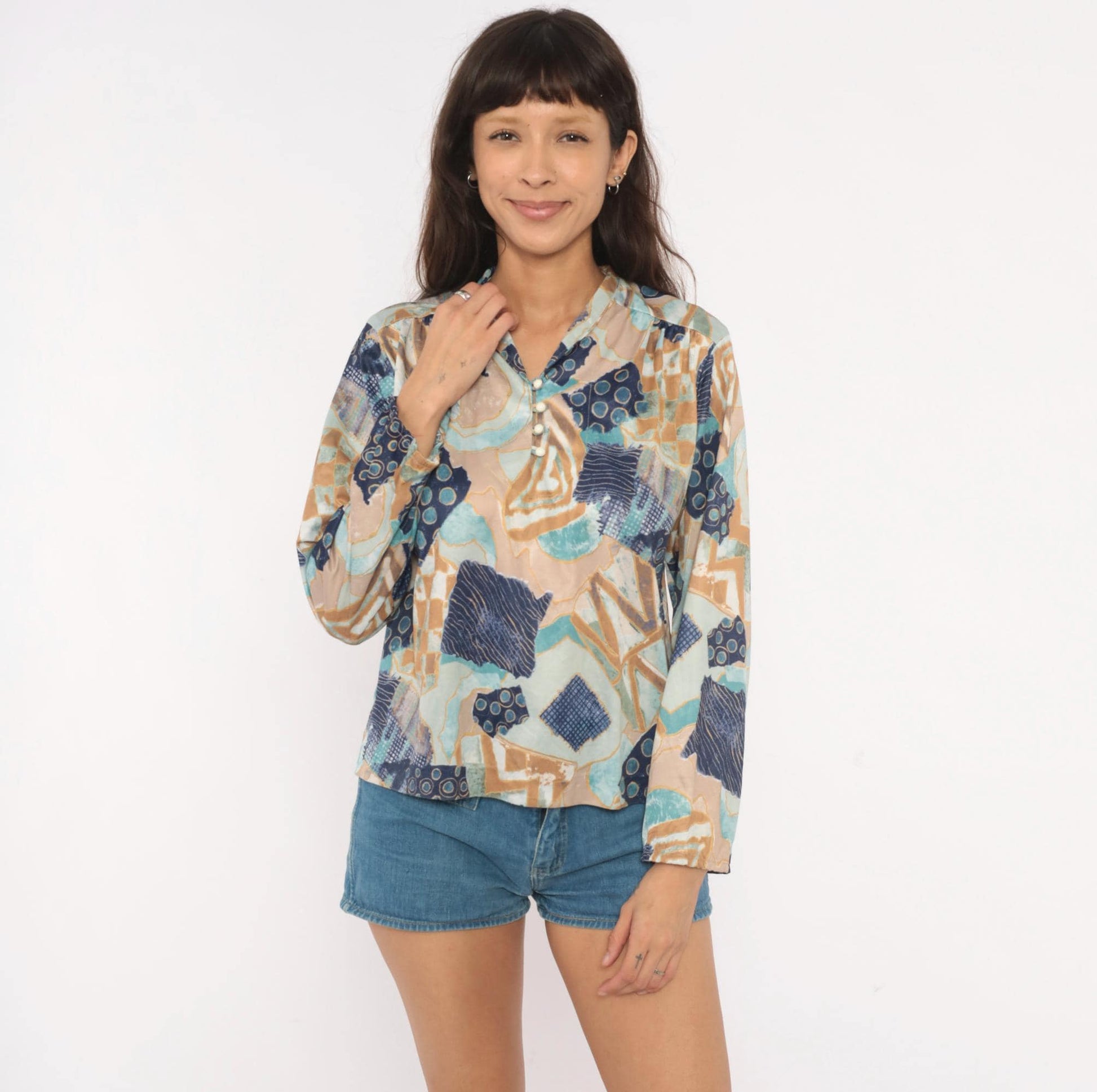 70s Village Fair Abstract Patchwork Blouse Geometric Print Teal Medium