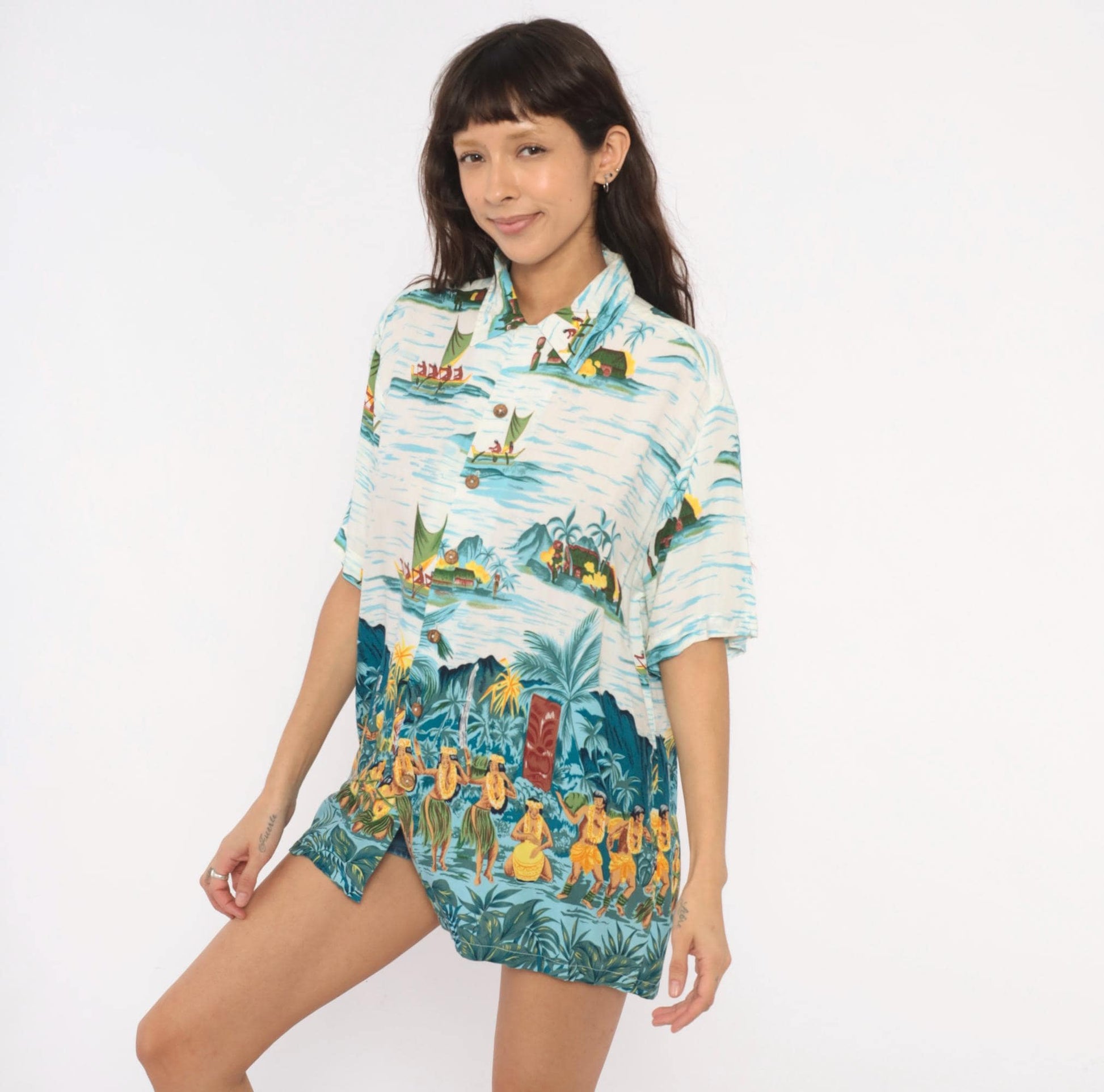 90s Kennington Ltd Hawaiian Shirt Polynesian Island Scene Blue Rayon Medium