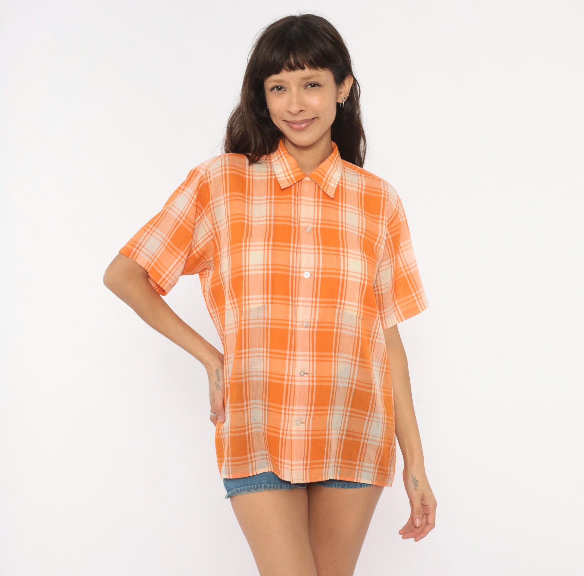 70s Manhattan Docoma Orange Plaid Button-Up Shirt Cream Check Short Sleeve Medium