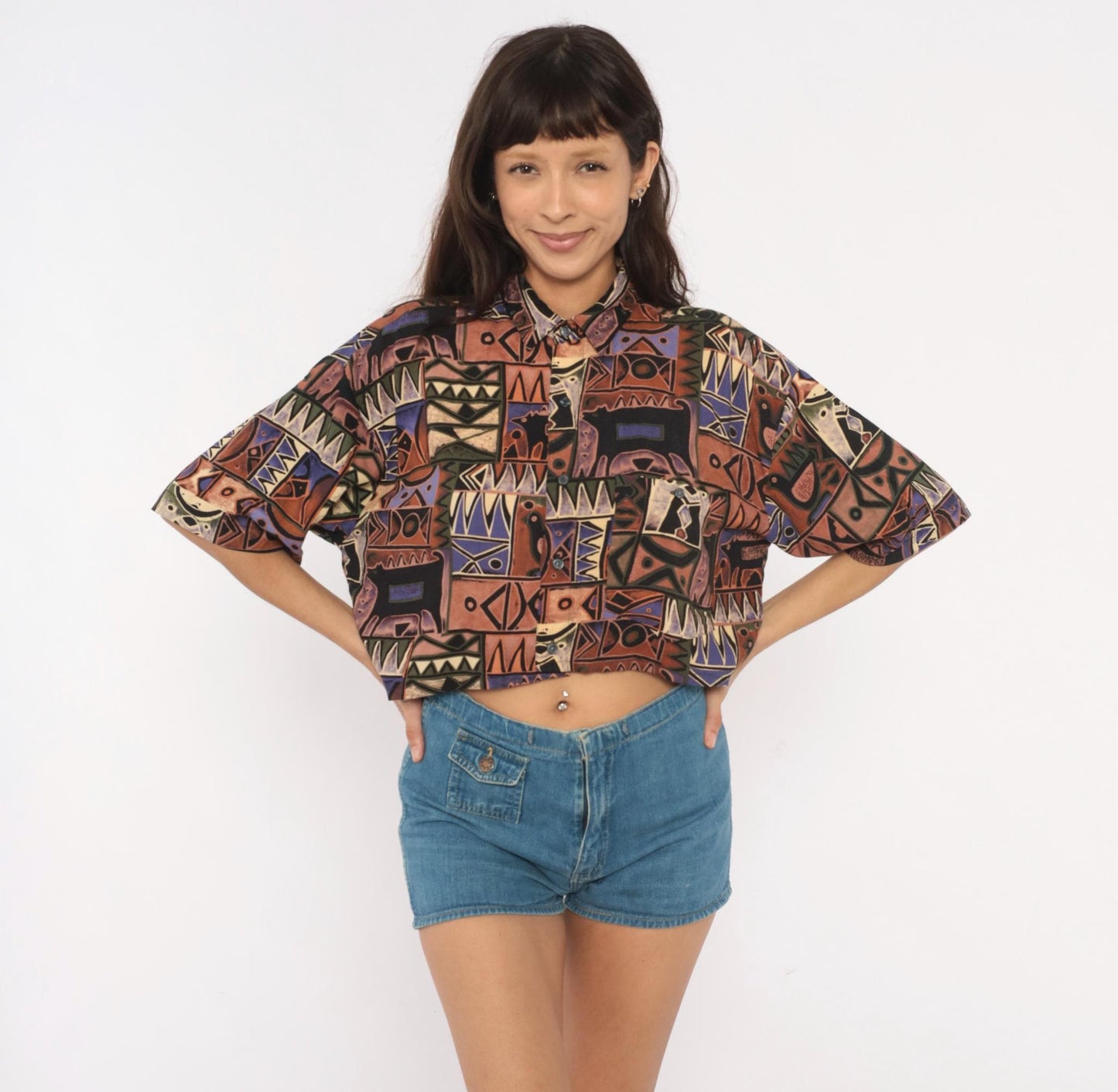 90s Chiamare Abstract Crop Top Shirt Button Front Collared Blouse Brown Purple Geometric Large L
