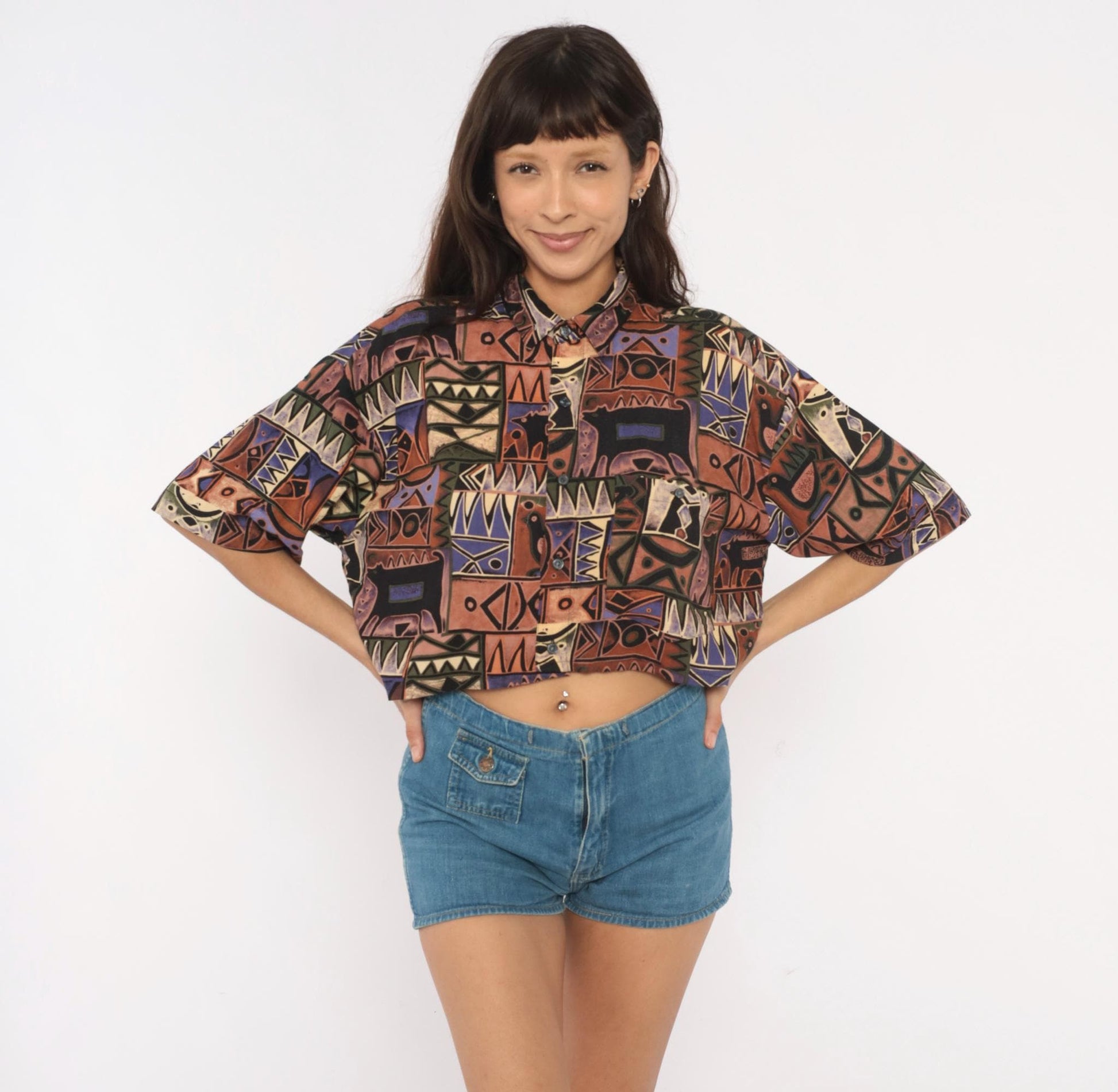 90s Chiamare Abstract Crop Top Shirt Button Front Collared Blouse Brown Purple Geometric Large L