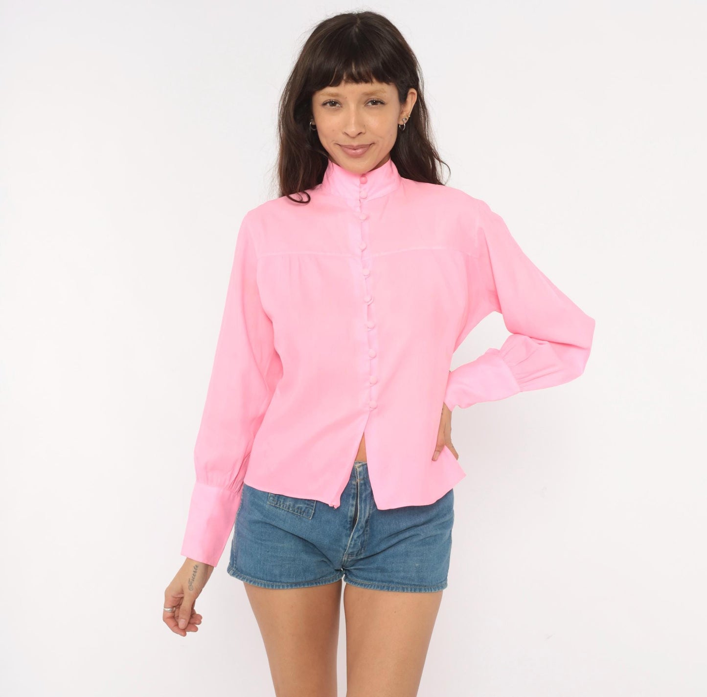 70s Alice Stuart Bubblegum Pink Disco Blouse Mandarin Collar Long Sleeve Small