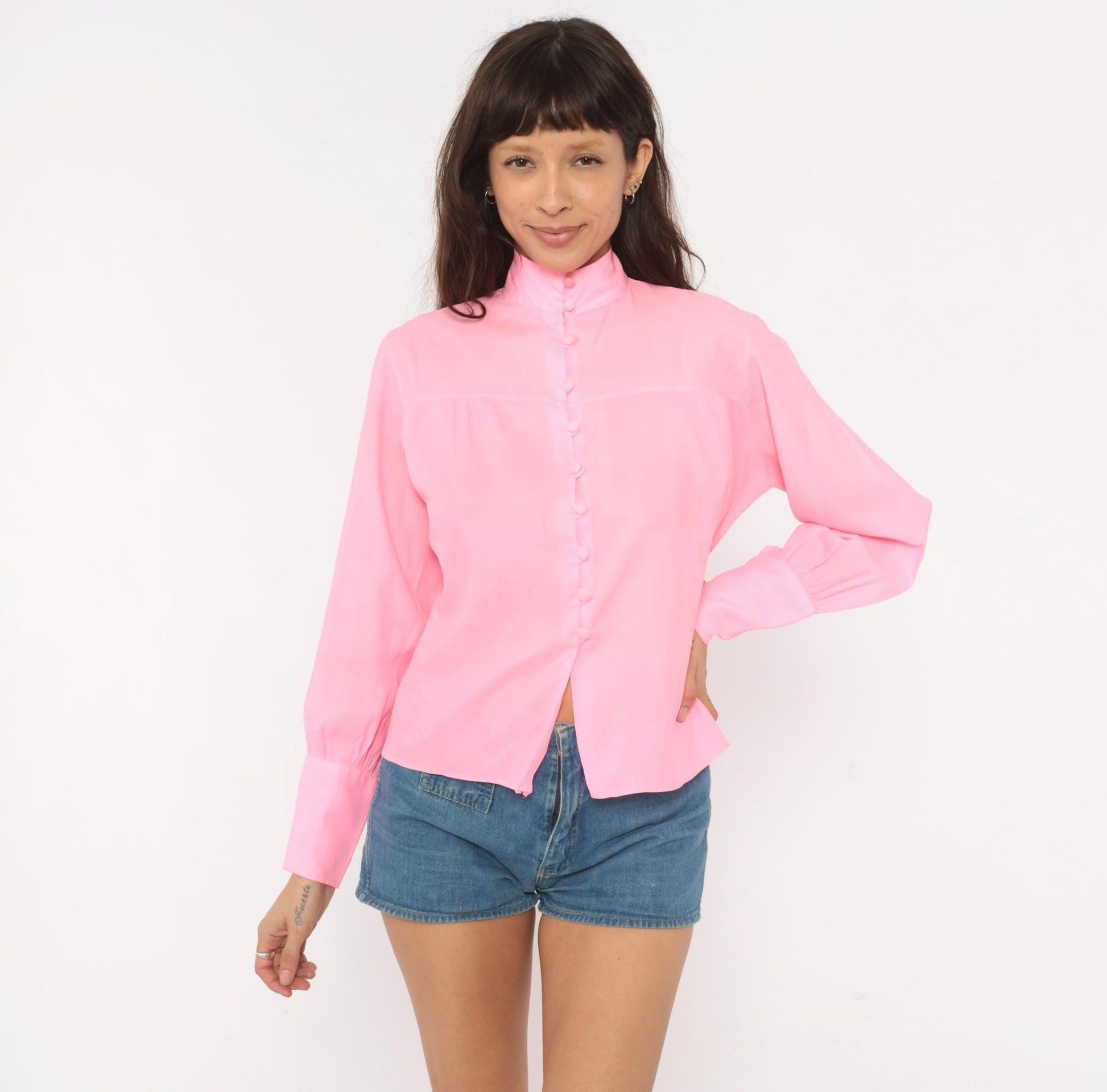 70s Alice Stuart Bubblegum Pink Disco Blouse Mandarin Collar Long Sleeve Small
