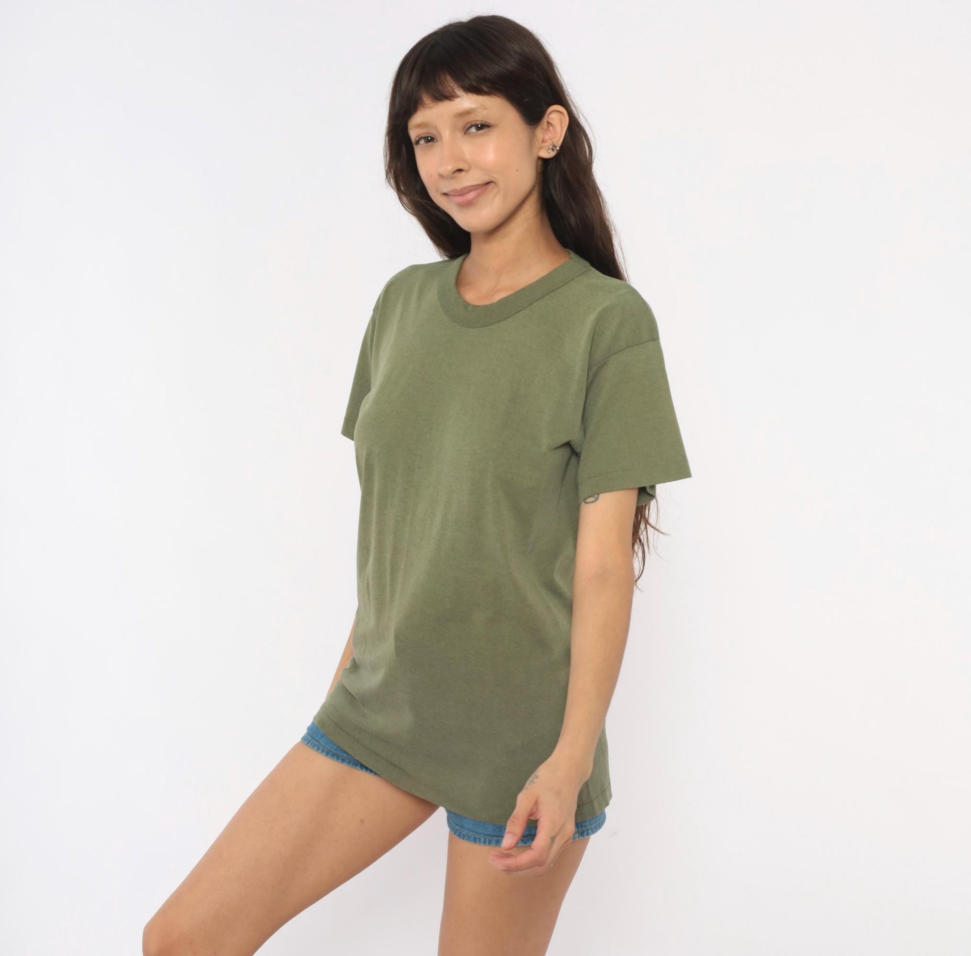 80s Olive Green Cotton Crew Neck Tee Blank Plain Unisex Medium