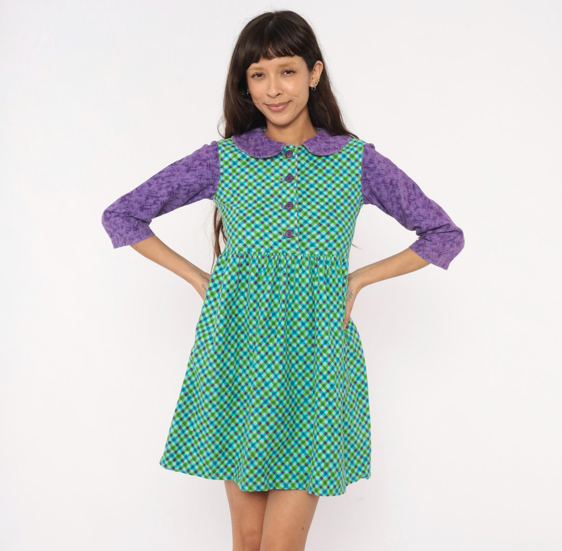 60s Babydoll Dress Purple Green Blue Gingham Peter Pan Collar Mini XS