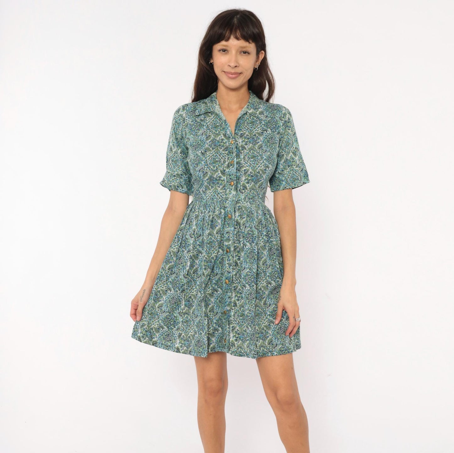 60s Penneys Brentwood Paisley Floral Shirtdress Blue Green Cotton Knee XS
