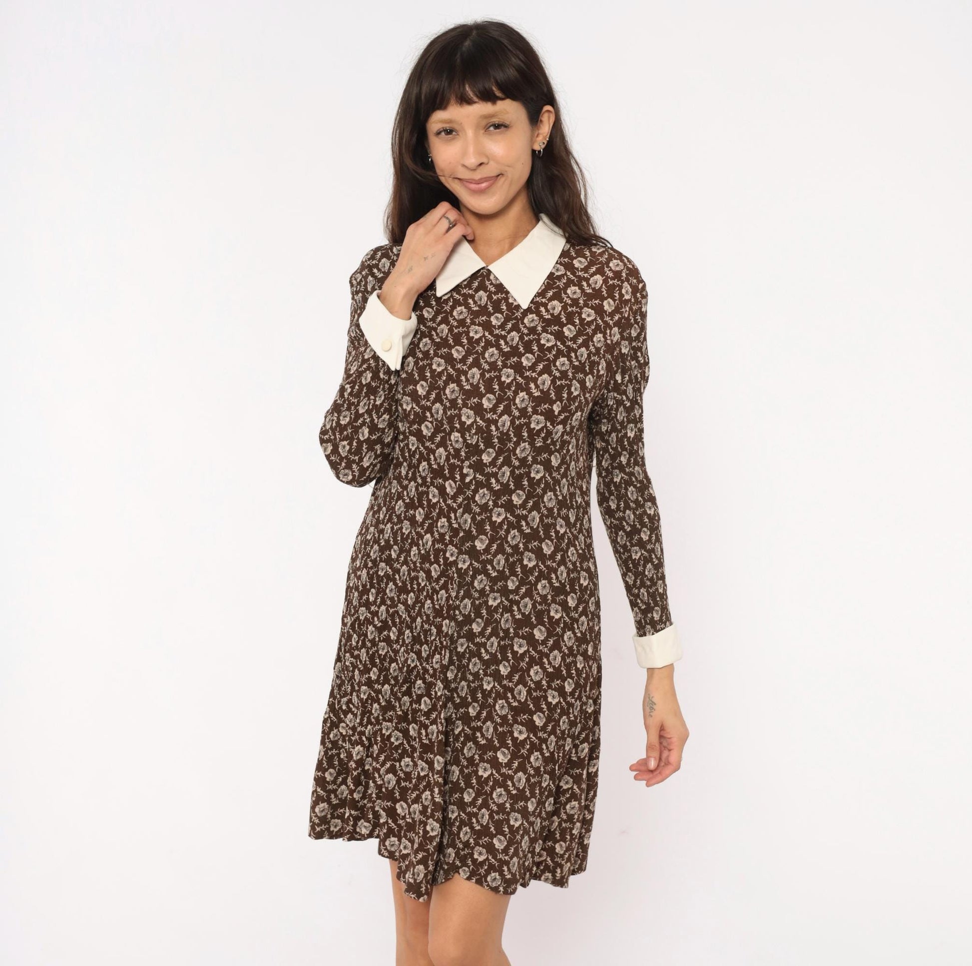 90s Karin Stevens Floral Dress Brown Cream Pointed Collar Knee-Length Large L