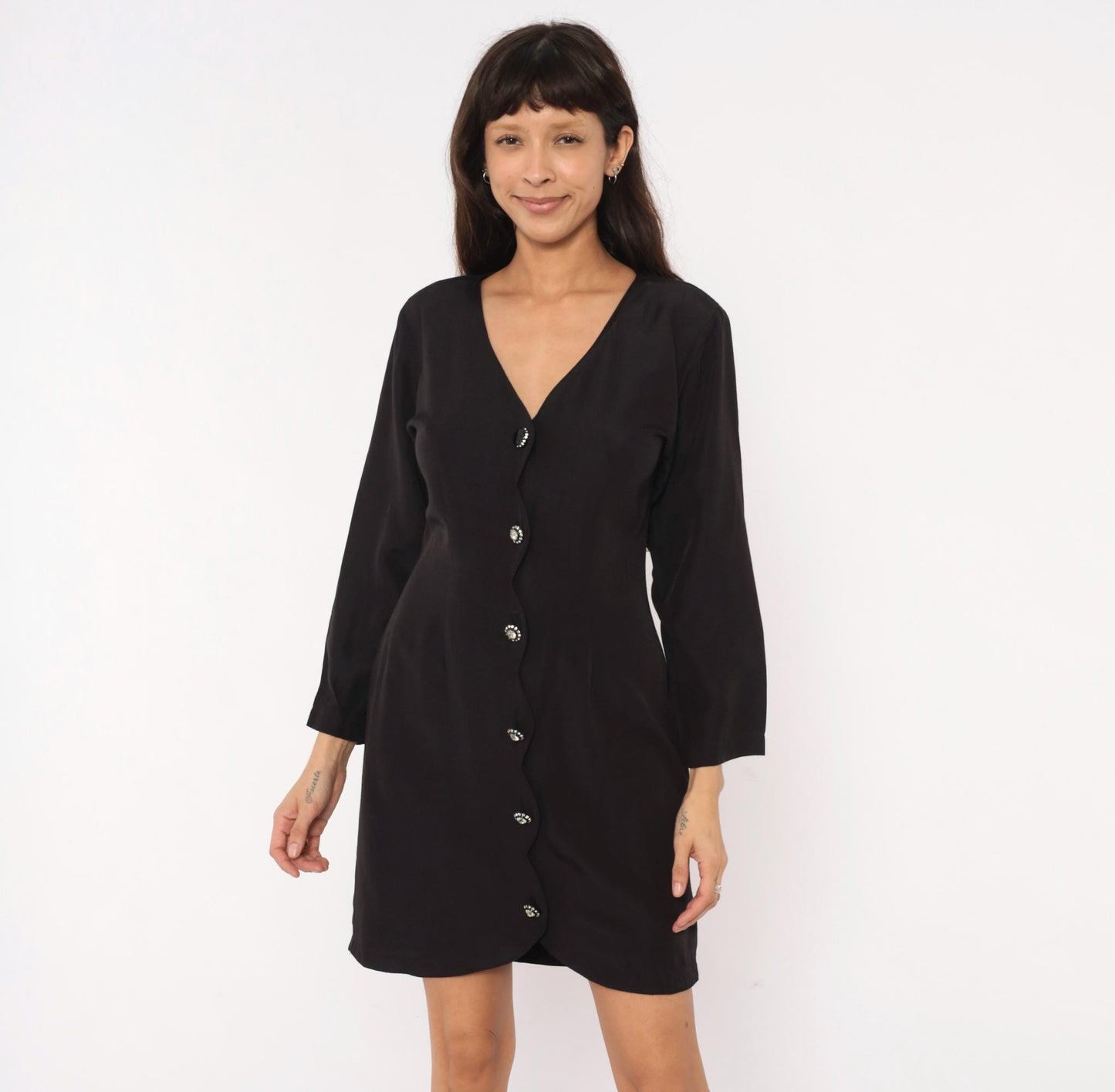 90s La Belle Black Mini Dress V-Neck Rhinestone Buttons Long Sleeve Medium M