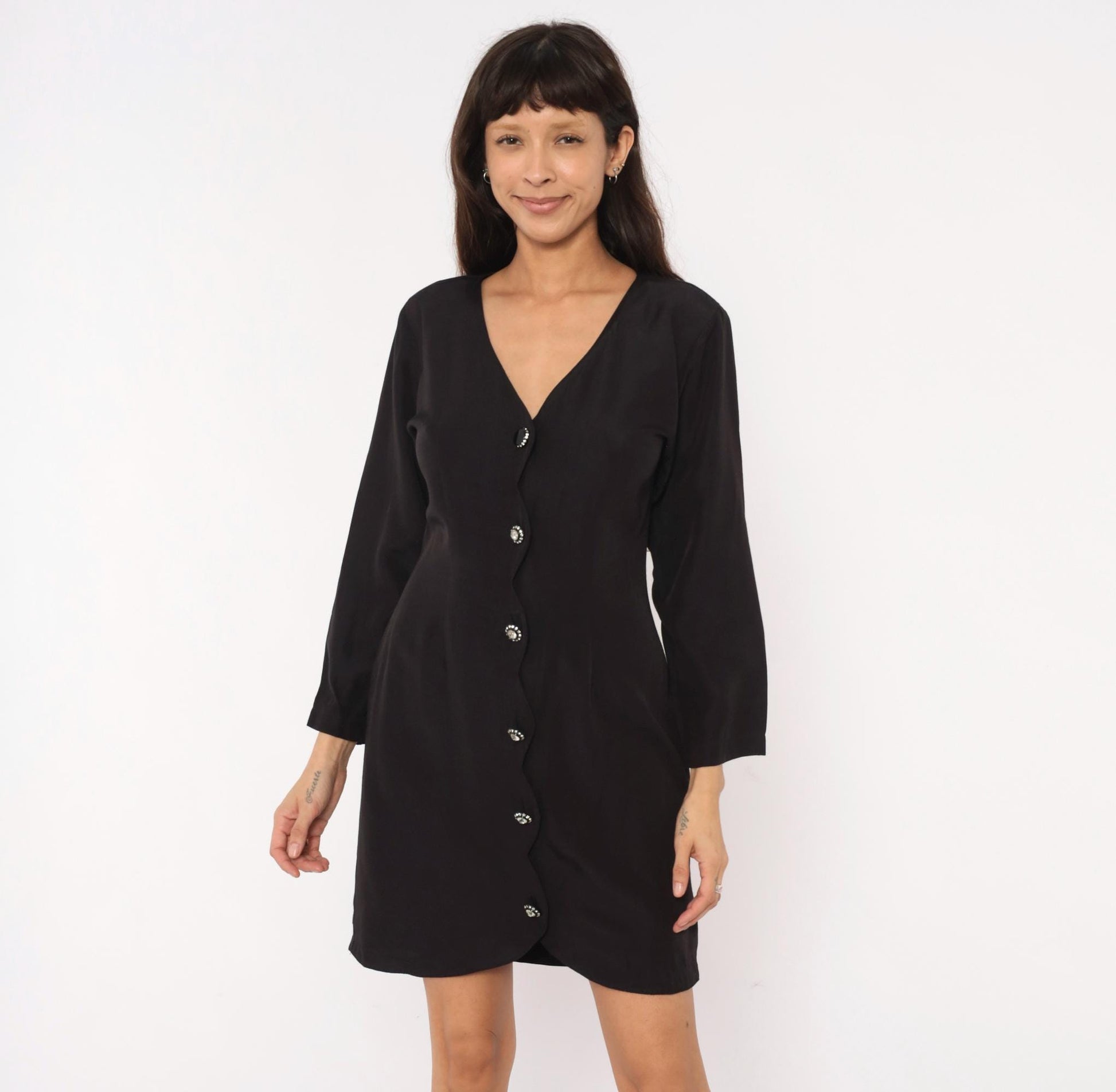 90s La Belle Black Mini Dress V-Neck Rhinestone Buttons Long Sleeve Medium M