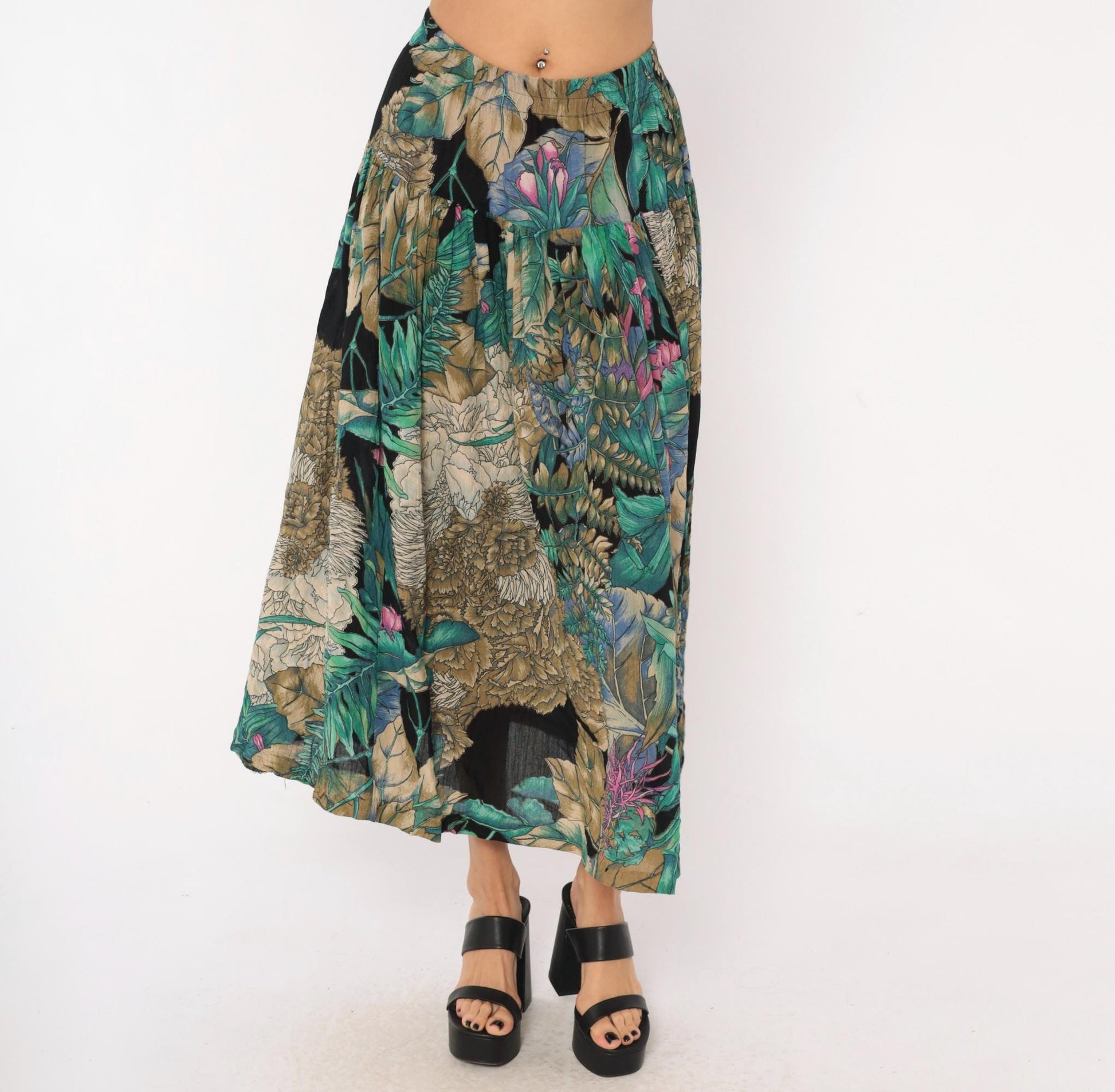 90s Karen Kane Tropical Botanical Midi Skirt Teal Olive Black Medium M