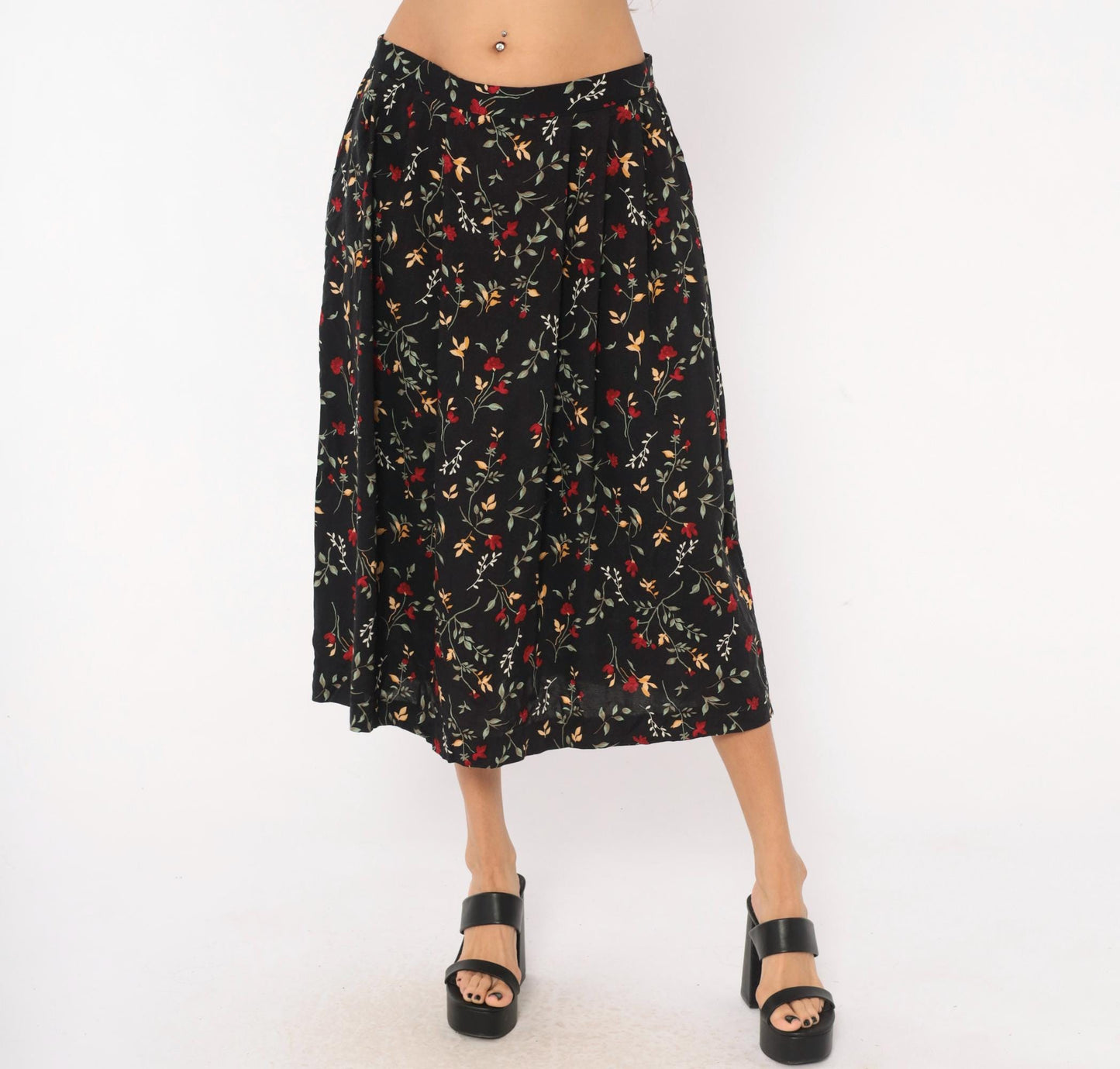 90s Appleseeds Botanical Midi Skirt Black Floral Red Green Extra Large XL