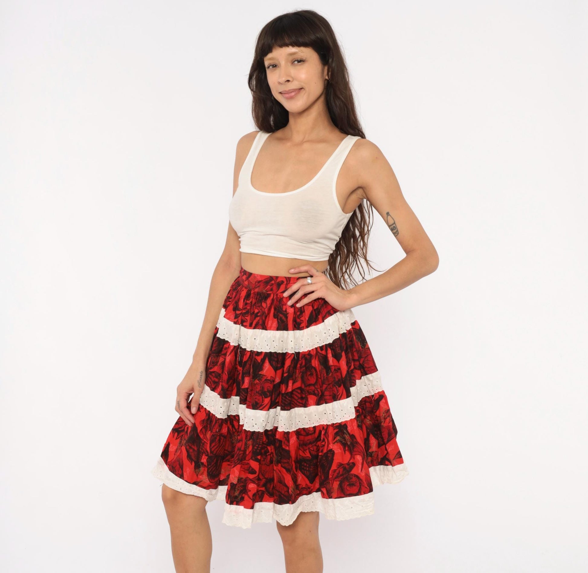 60s Fish Print Circle Skirt Red Black Eyelet Lace Cotton Extra Small