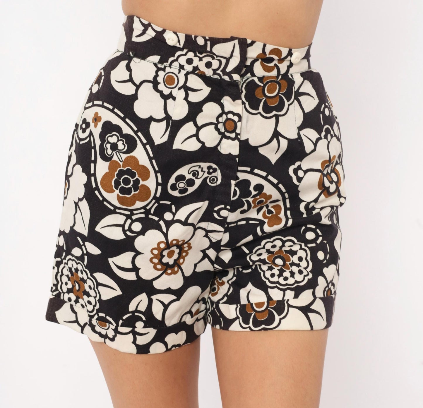 60s Floral Paisley High-Waisted Shorts Cotton Black Cream Brown Mod Extra Small XS
