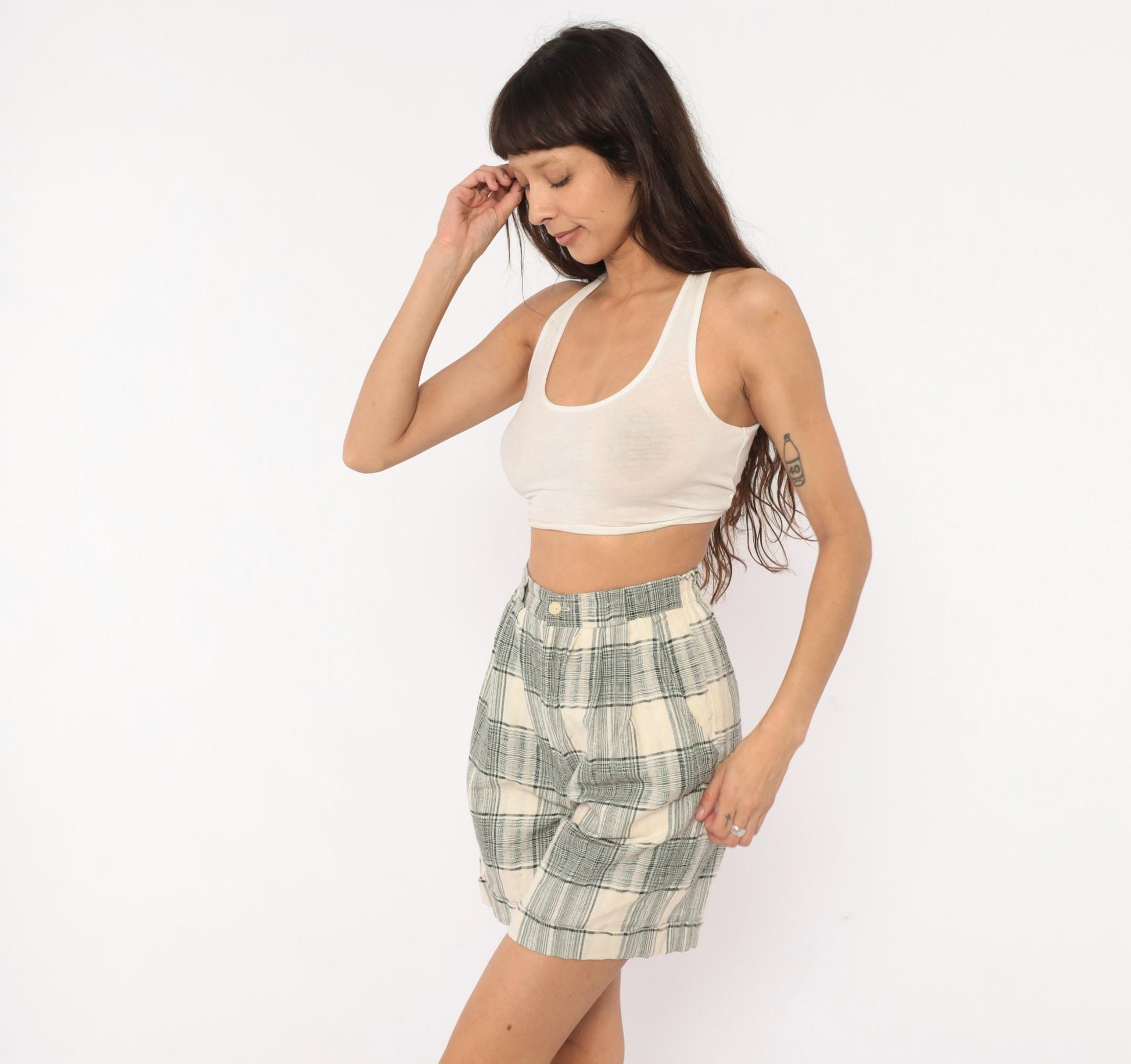 80s Fundamental Things Plaid Linen Bermuda Shorts Black Cream High Waist Pleated Extra Small