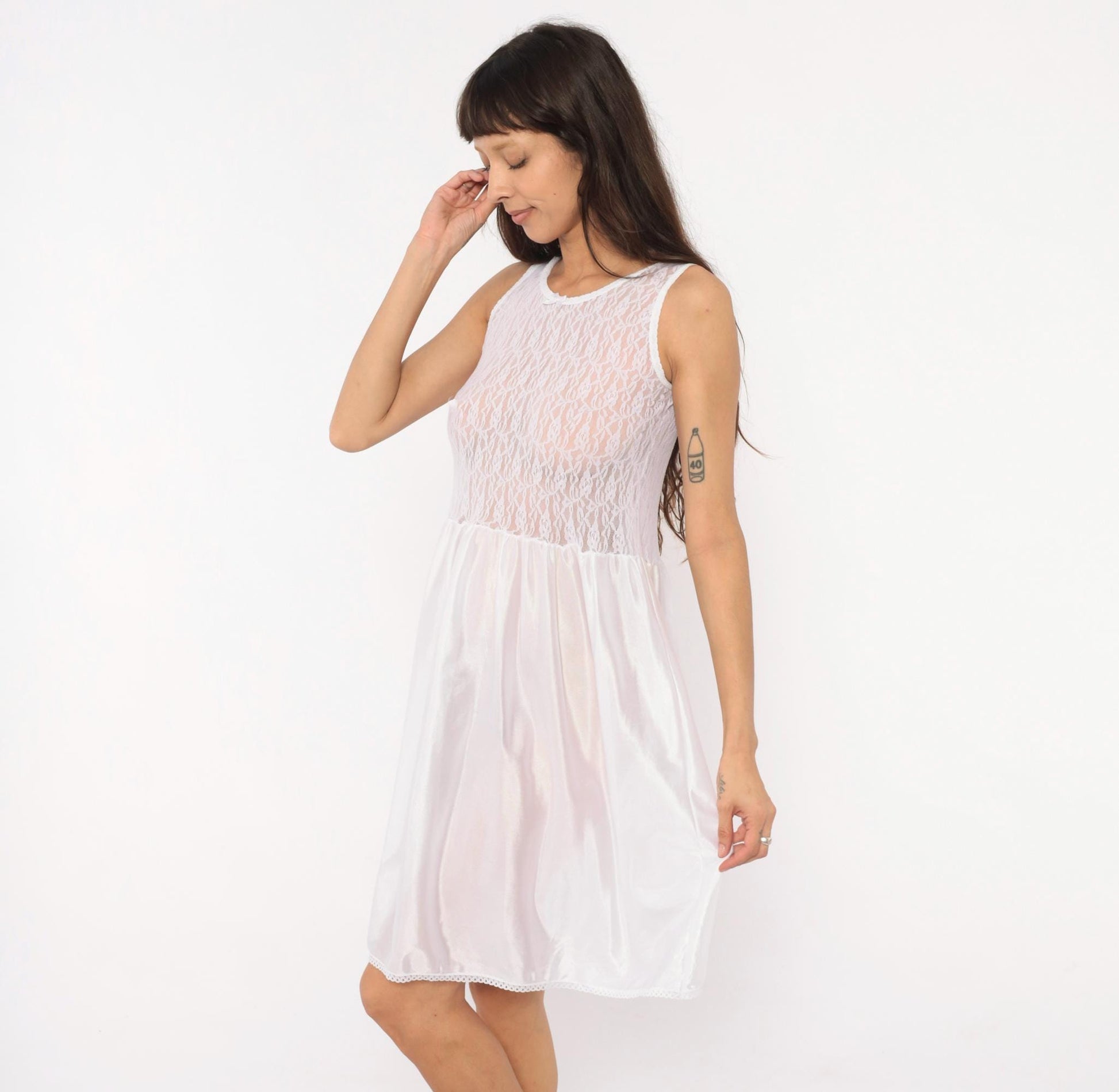 80s Copper Key White Lace Babydoll Slip Dress Satin Bow Nightgown Small