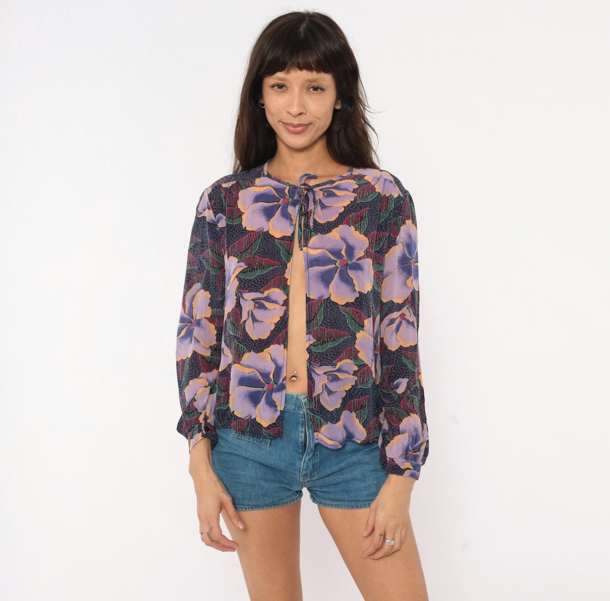 80s In Gear Ltd Tropical Hibiscus Tie-Neck Blouse Purple Lavender Teal Medium