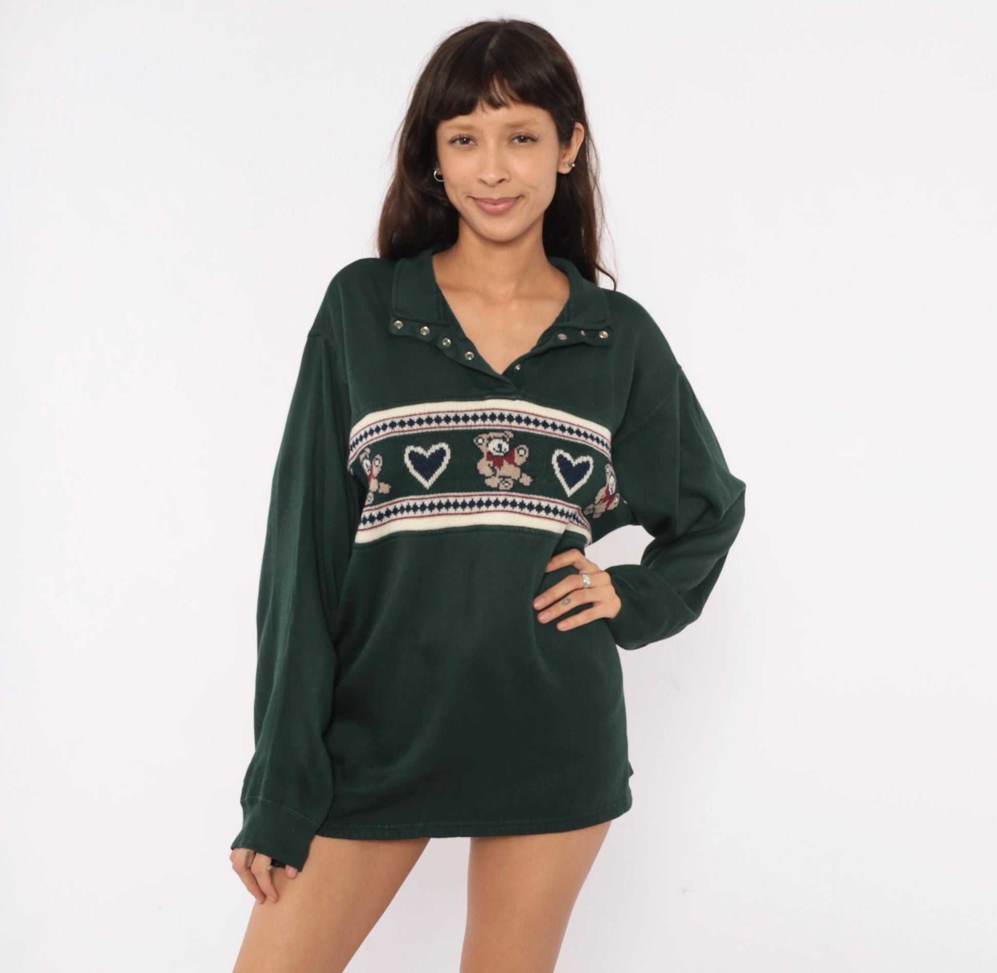 90s Carolina Teddy Bear Fair Isle Pullover Forest Green Knit Large L
