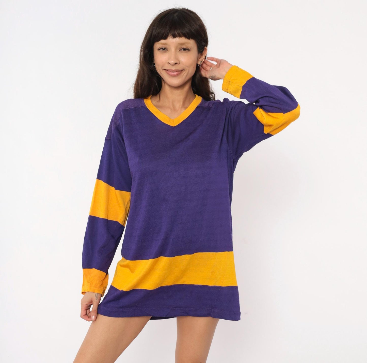 70s Purple Gold Striped V-Neck Pullover Jersey Long Sleeve Small
