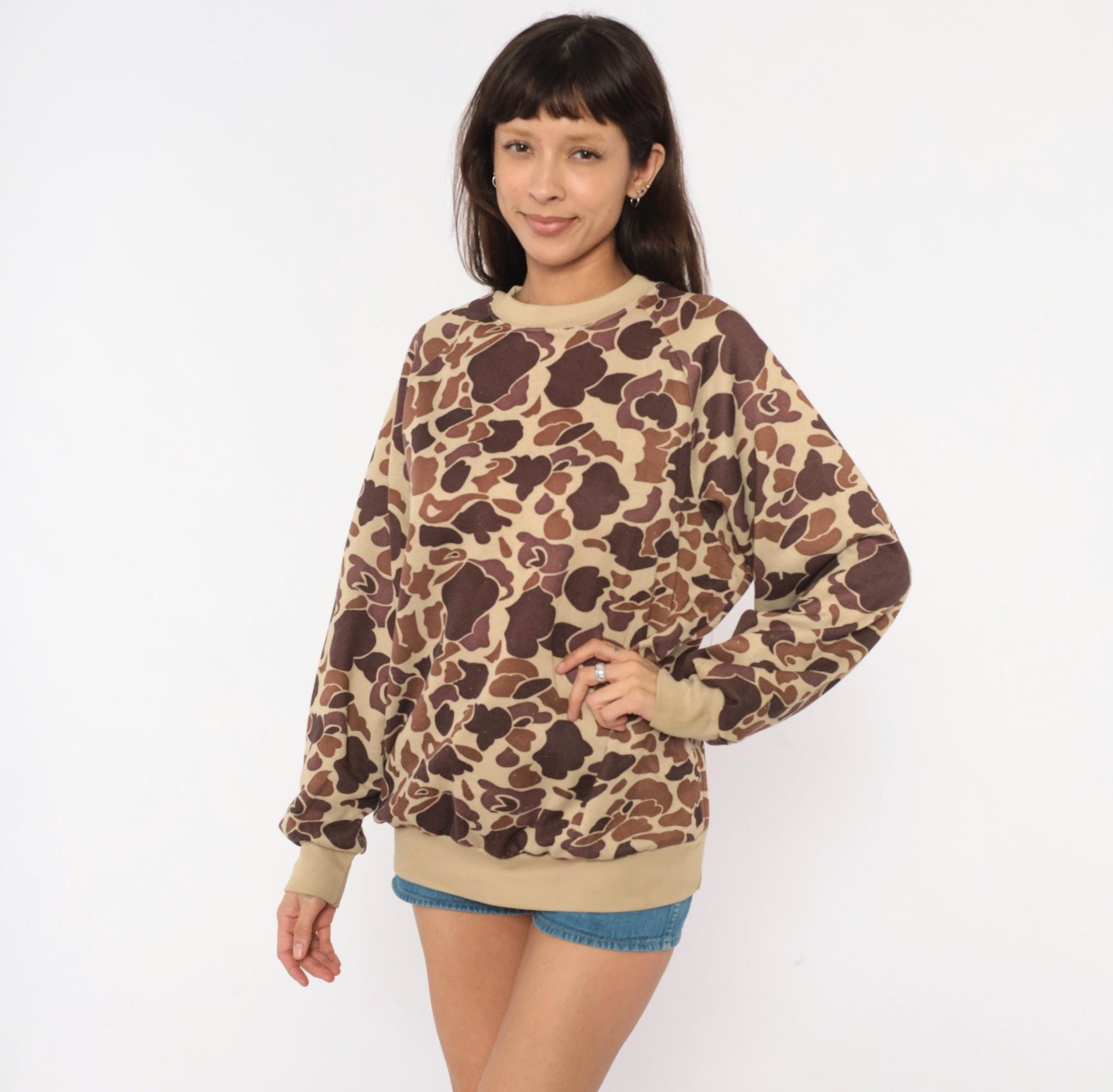 80s Duck Bay Camo Crewneck Sweatshirt Tan Brown Raglan Extra Large XL