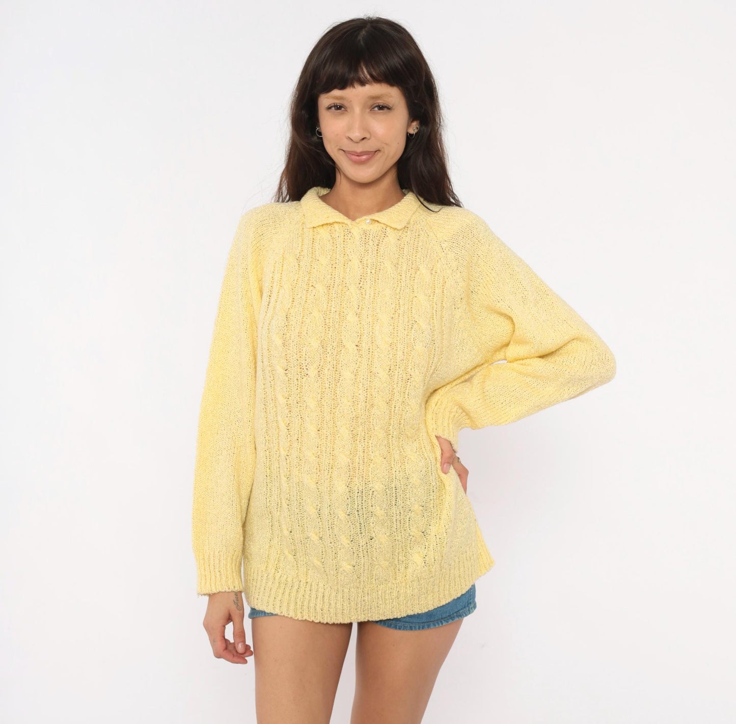 80s Miranda Cable Knit Polo Sweater Yellow Collared Pearl Button Large L
