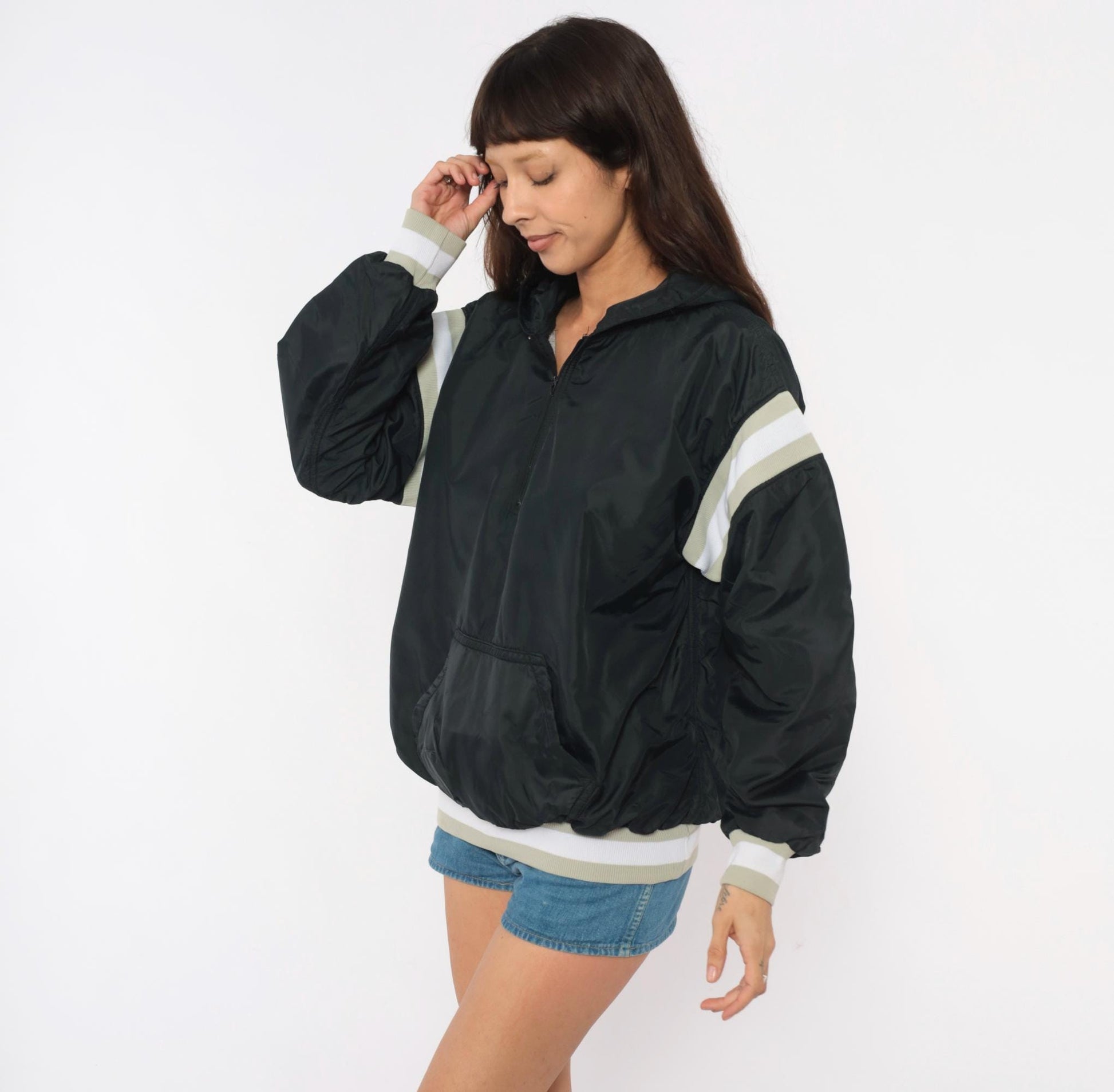 90s Russell Athletic Black Hooded Windbreaker Striped Sleeve Small