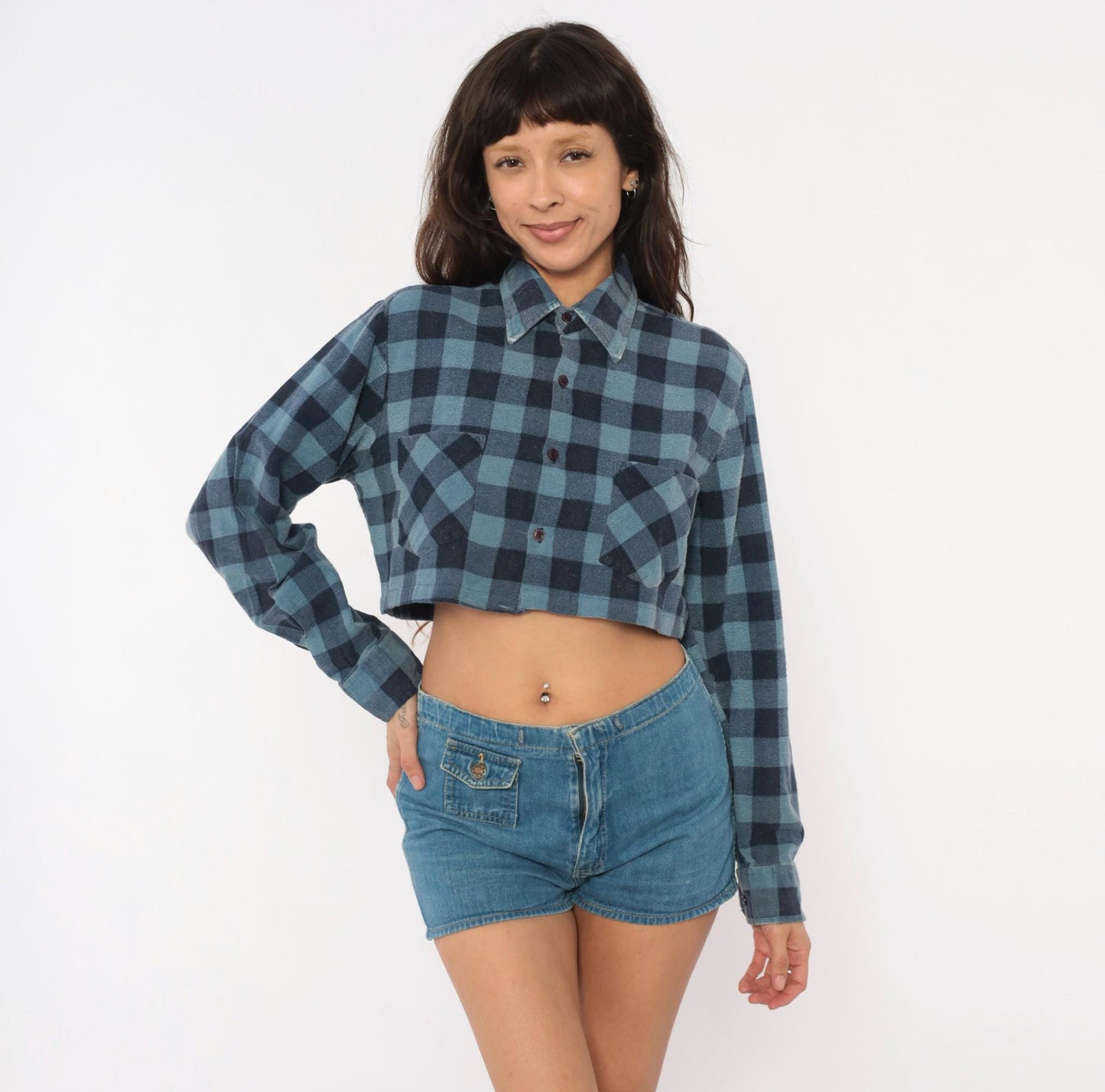 90s Dickies Buffalo Plaid Flannel Shirt Cropped Blue Navy Cotton Small