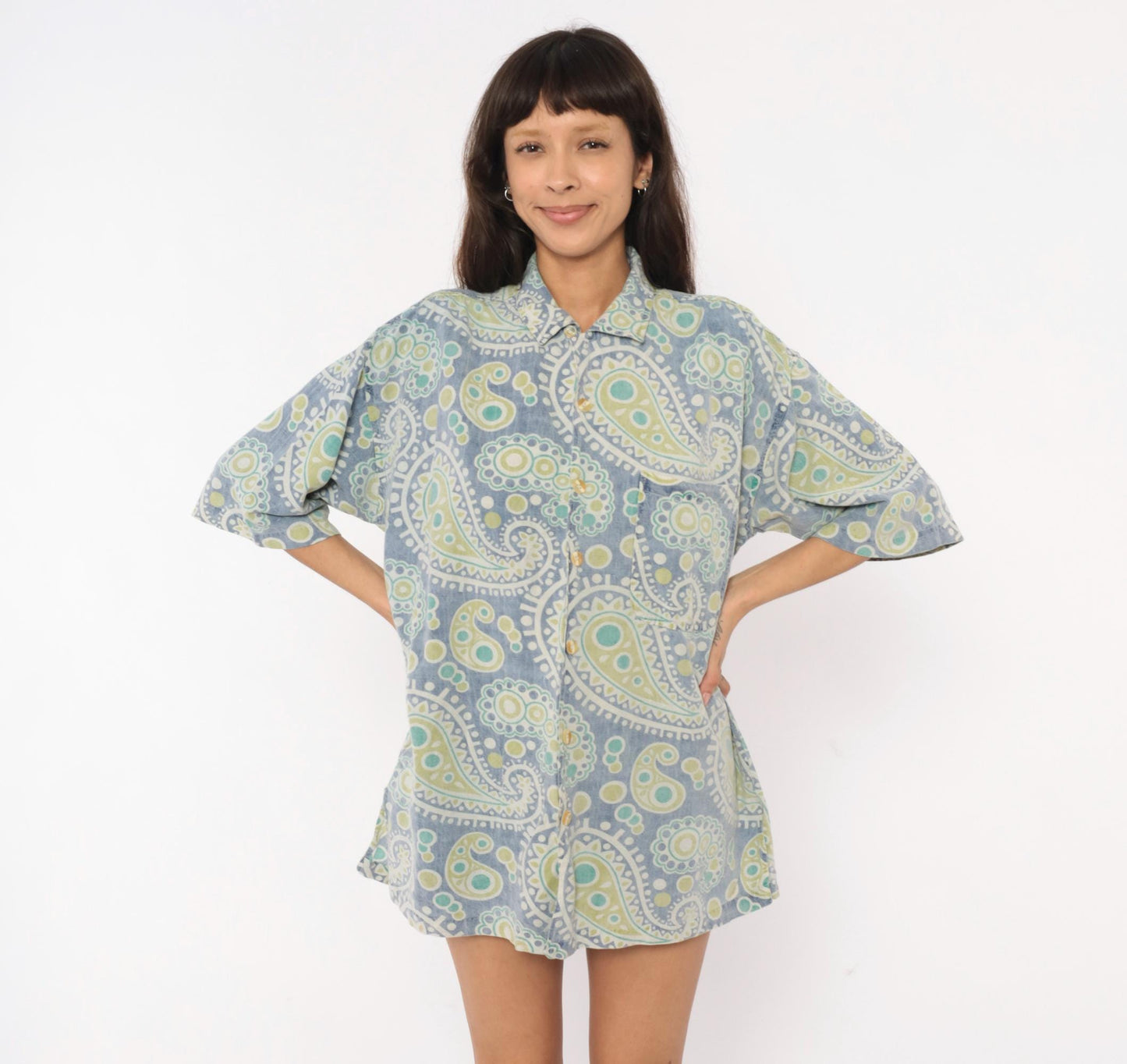 90s Robert Stock Island Style Paisley Camp Shirt Blue Green Mens Large L