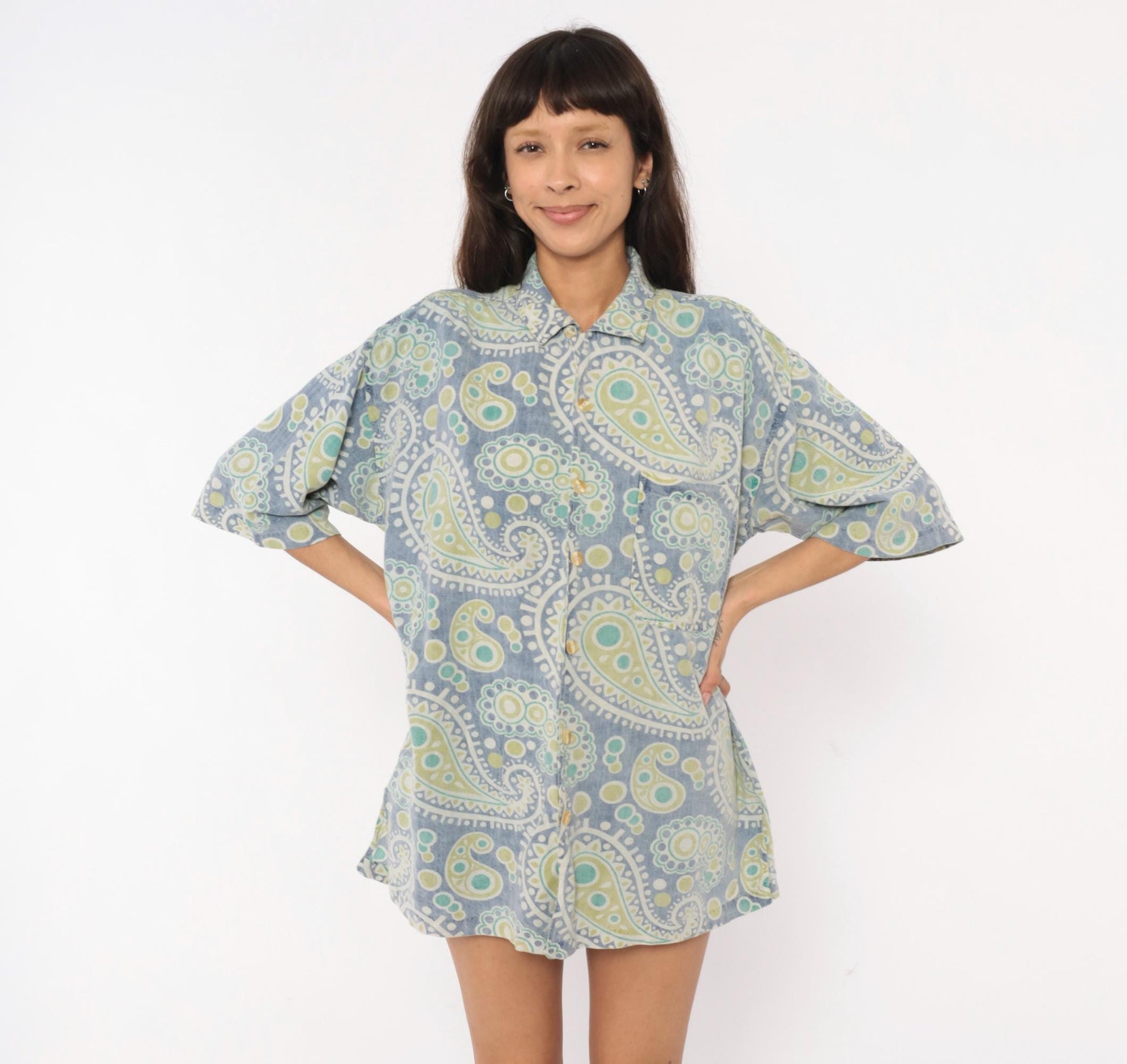 90s Robert Stock Island Style Paisley Camp Shirt Blue Green Mens Large L