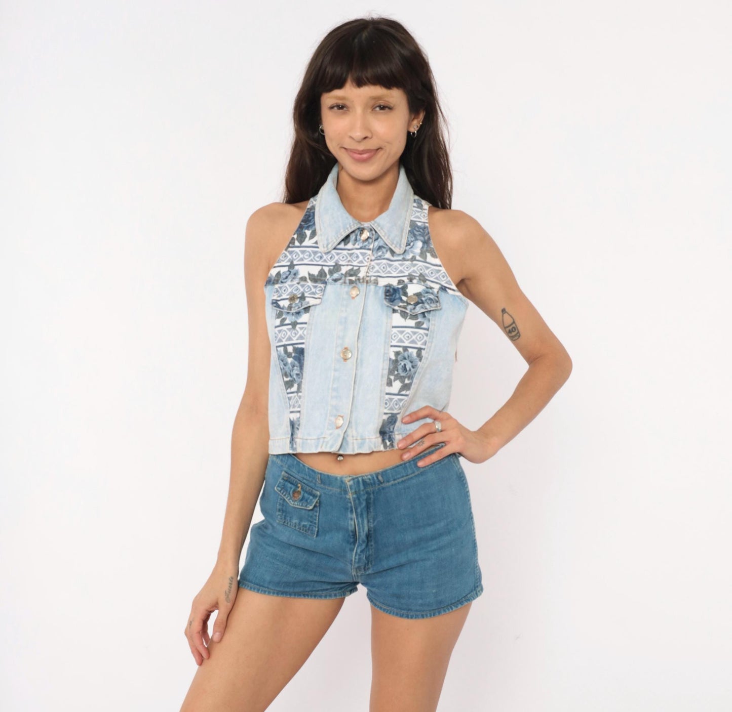 90s Sharnel Denim Vest Cropped Floral Lace-Up Back Light Wash Small