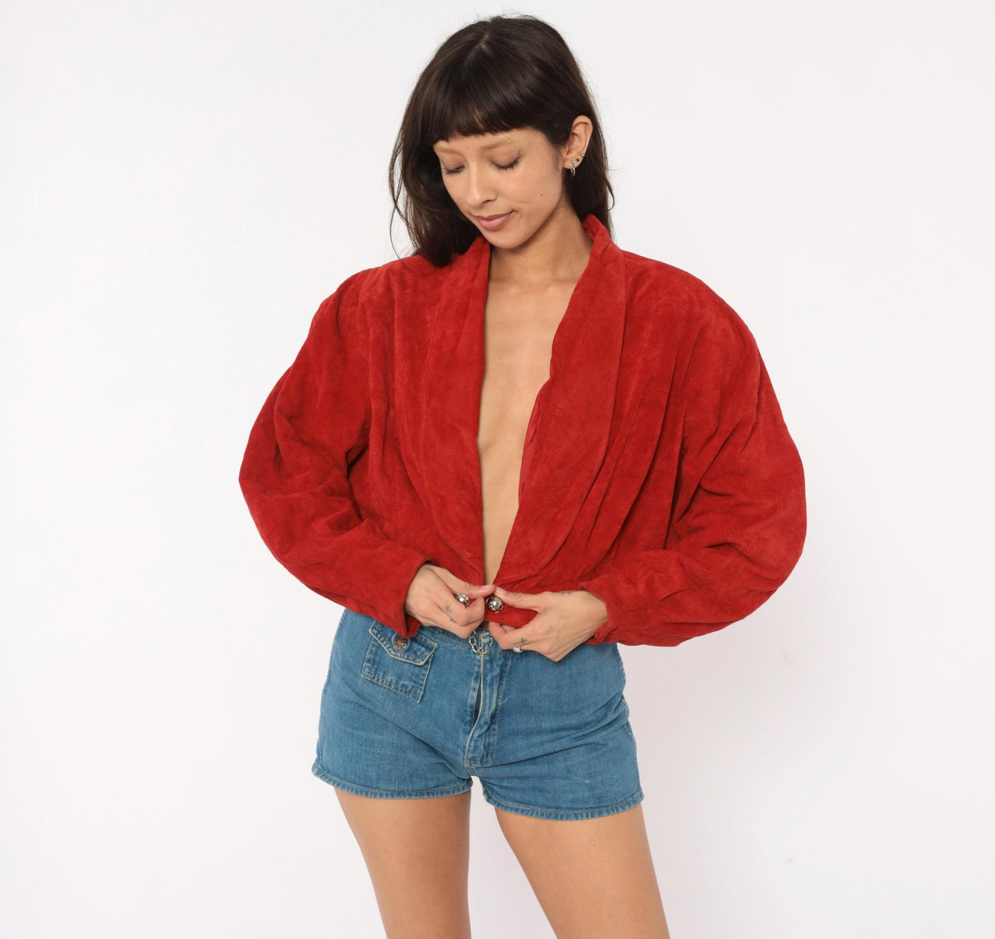 80s Wilsons Red Suede Cropped Jacket Dolman Sleeve Shawl Collar Large L