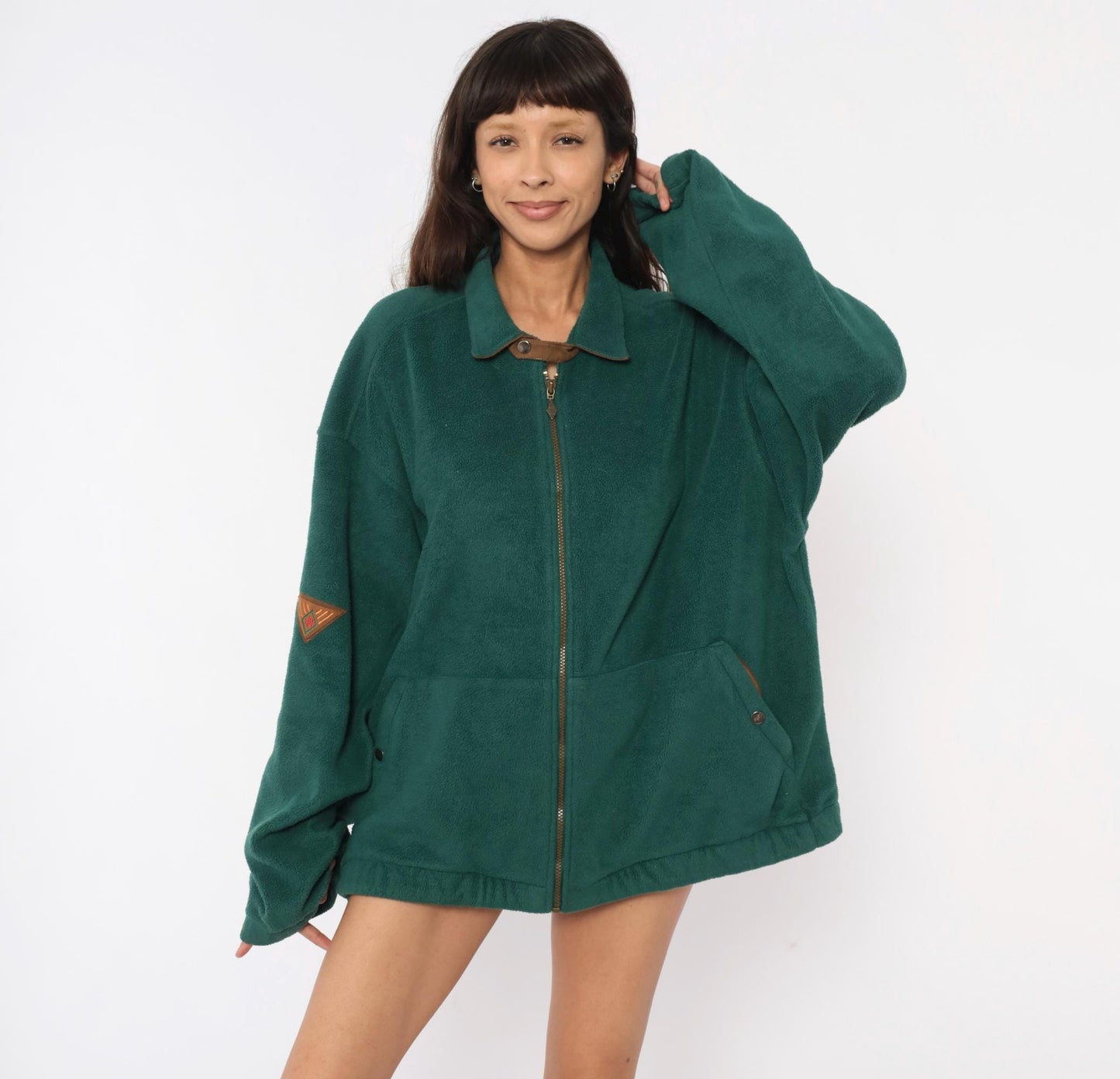 90s Keystone Forest Green Full Zip Fleece Jacket Brown Leather Trim Large L
