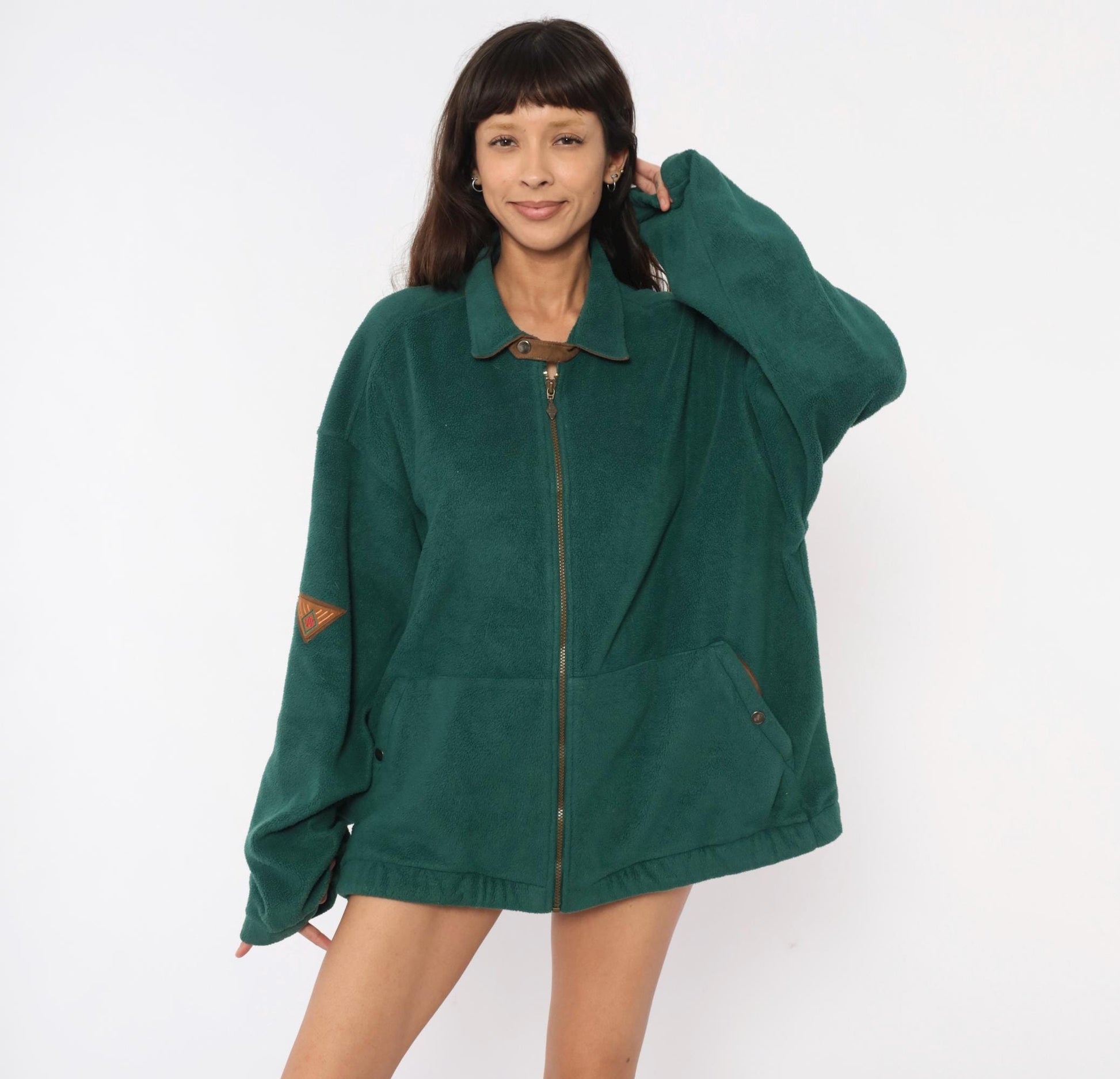 90s Keystone Forest Green Full Zip Fleece Jacket Brown Leather Trim Large L