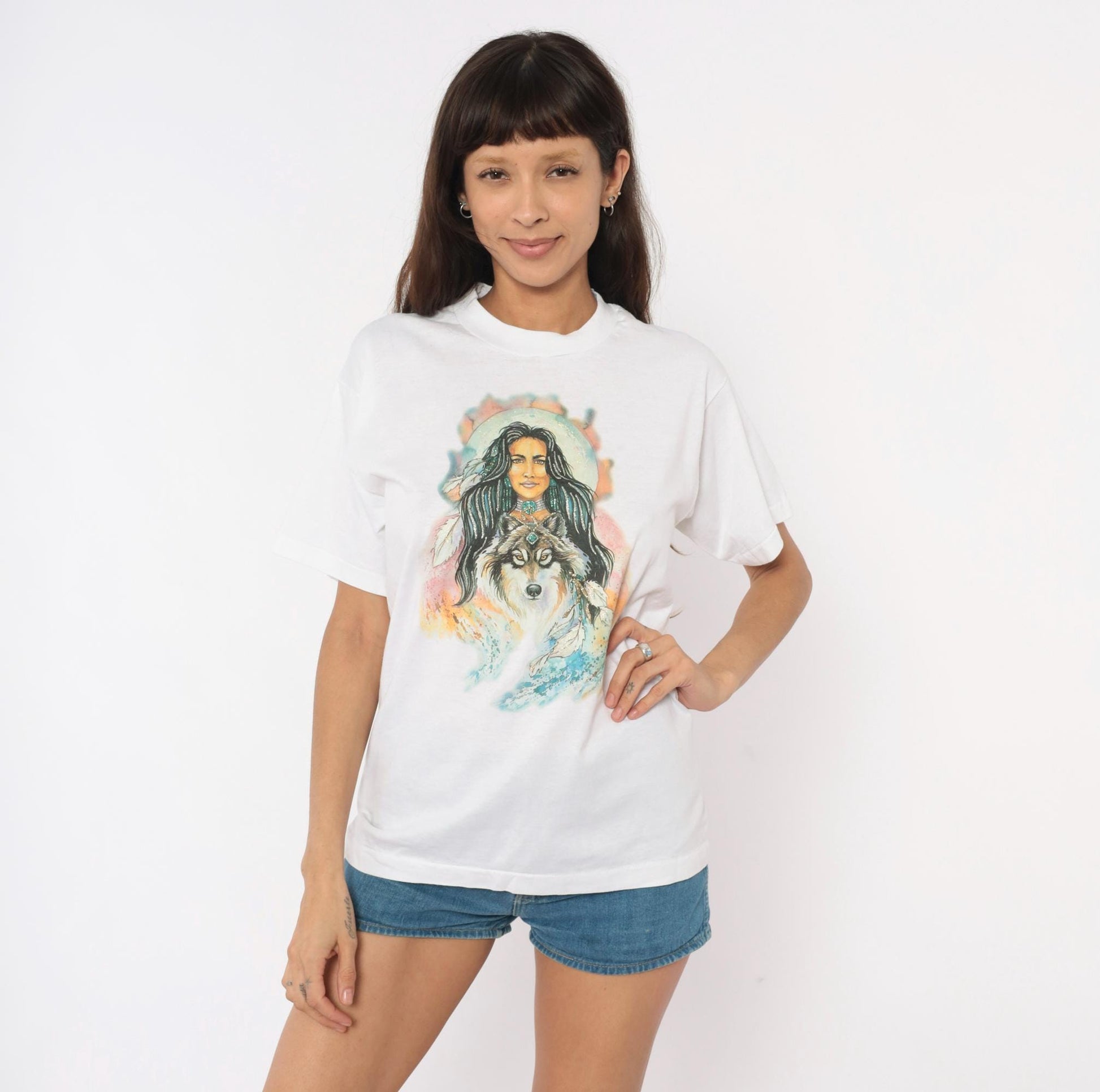 90s Wolf Moon Feather Graphic Tee Fruit Of The Loom White Medium