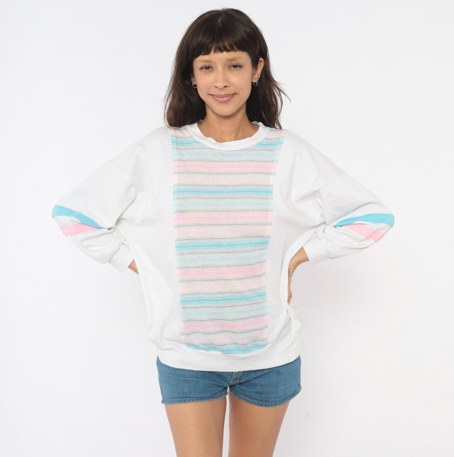 80s Marc Perry Pastel Striped Cotton Sweatshirt Crew Neck Medium