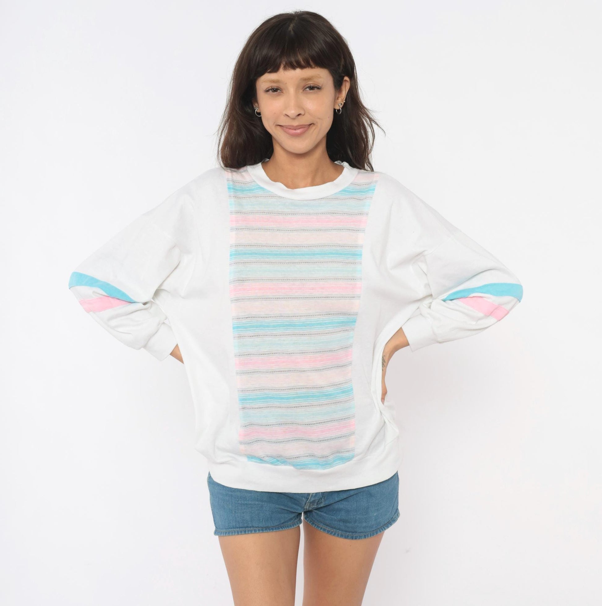80s Marc Perry Pastel Striped Cotton Sweatshirt Crew Neck Medium