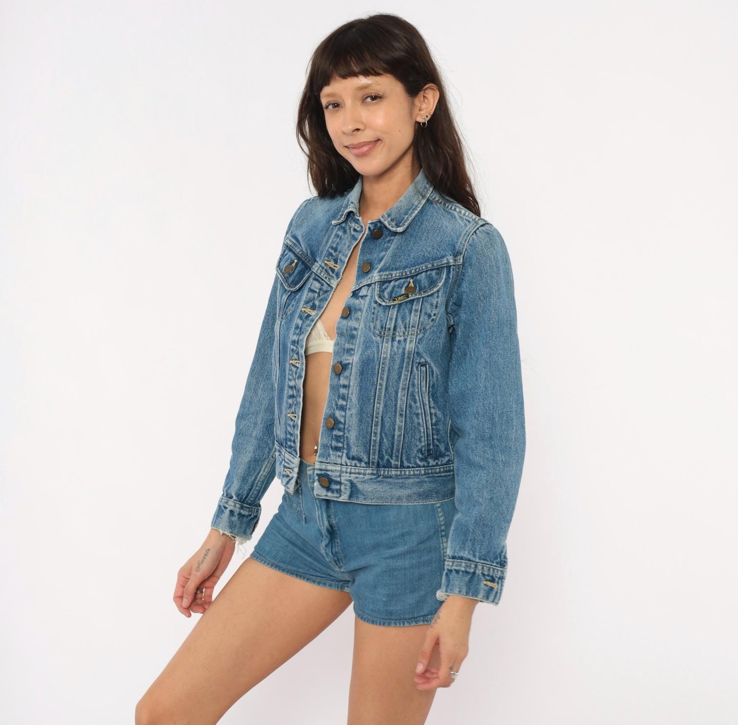 80s Ms Lee Denim Jacket Blue Cropped Trucker Pointed Collar Extra Small XS