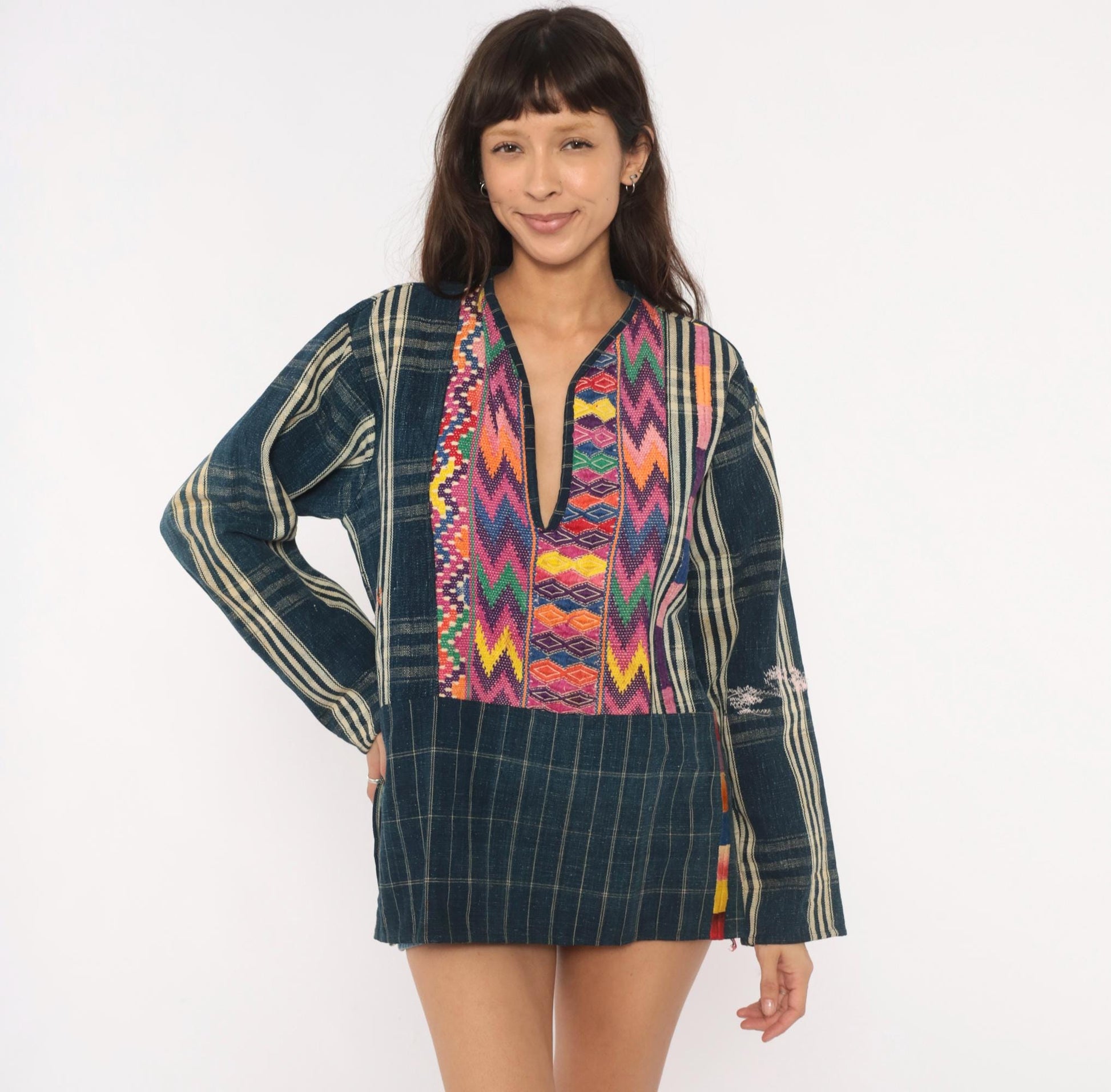 90s Guatemalan Huipil Handwoven Cotton Tunic Indigo Embroidered Medium M