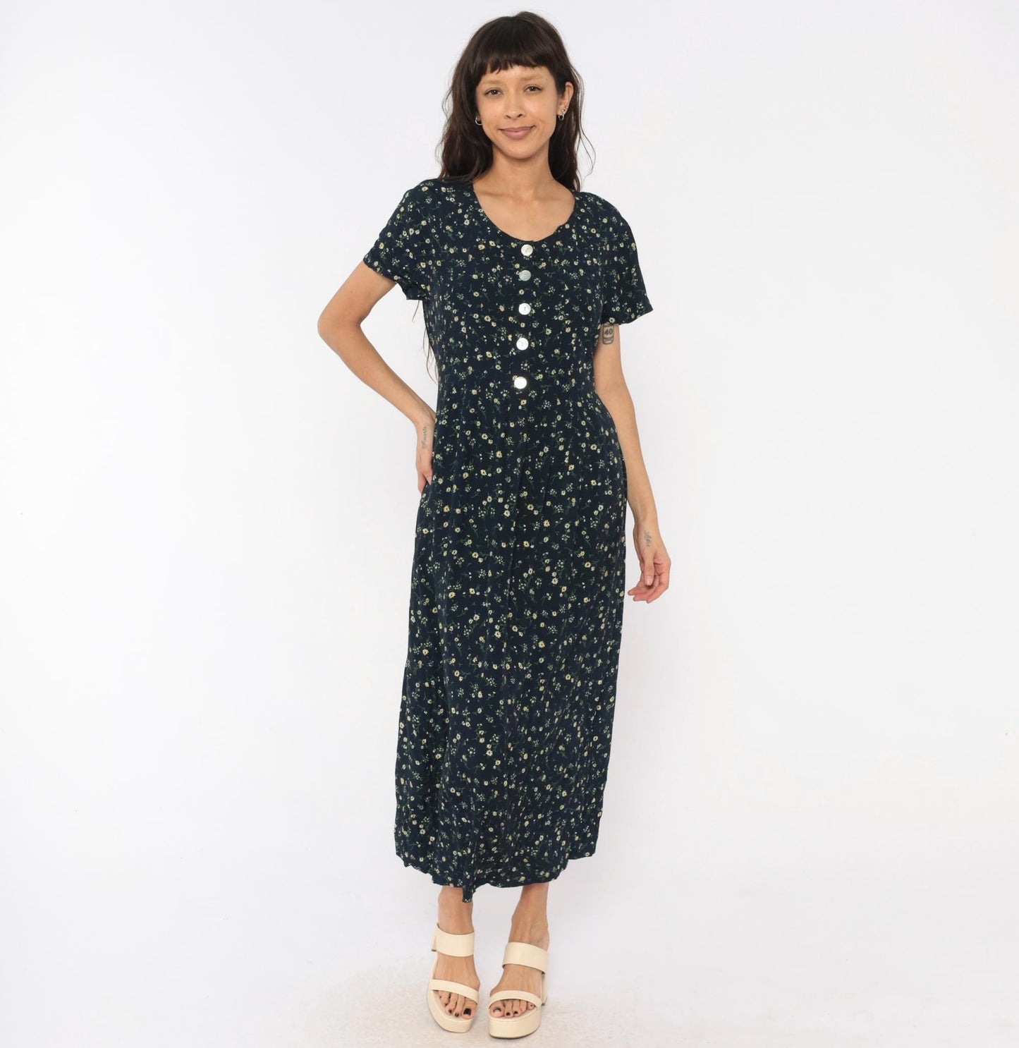 90s Liz Baker Essentials Navy Floral Maxi Dress Yellow Daisy Button Front Medium