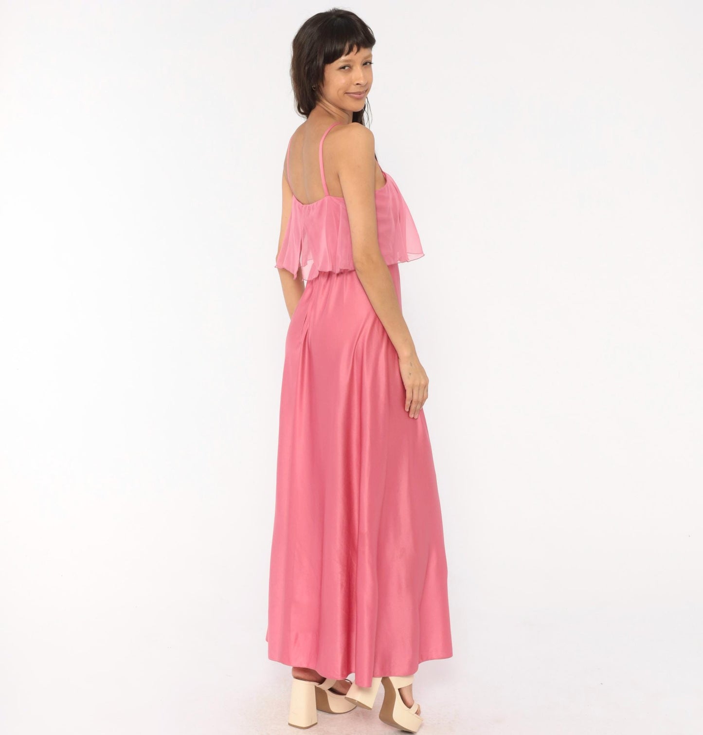 70s Pink Satin Maxi Dress Chiffon Overlay Spaghetti Strap Floor Length Small