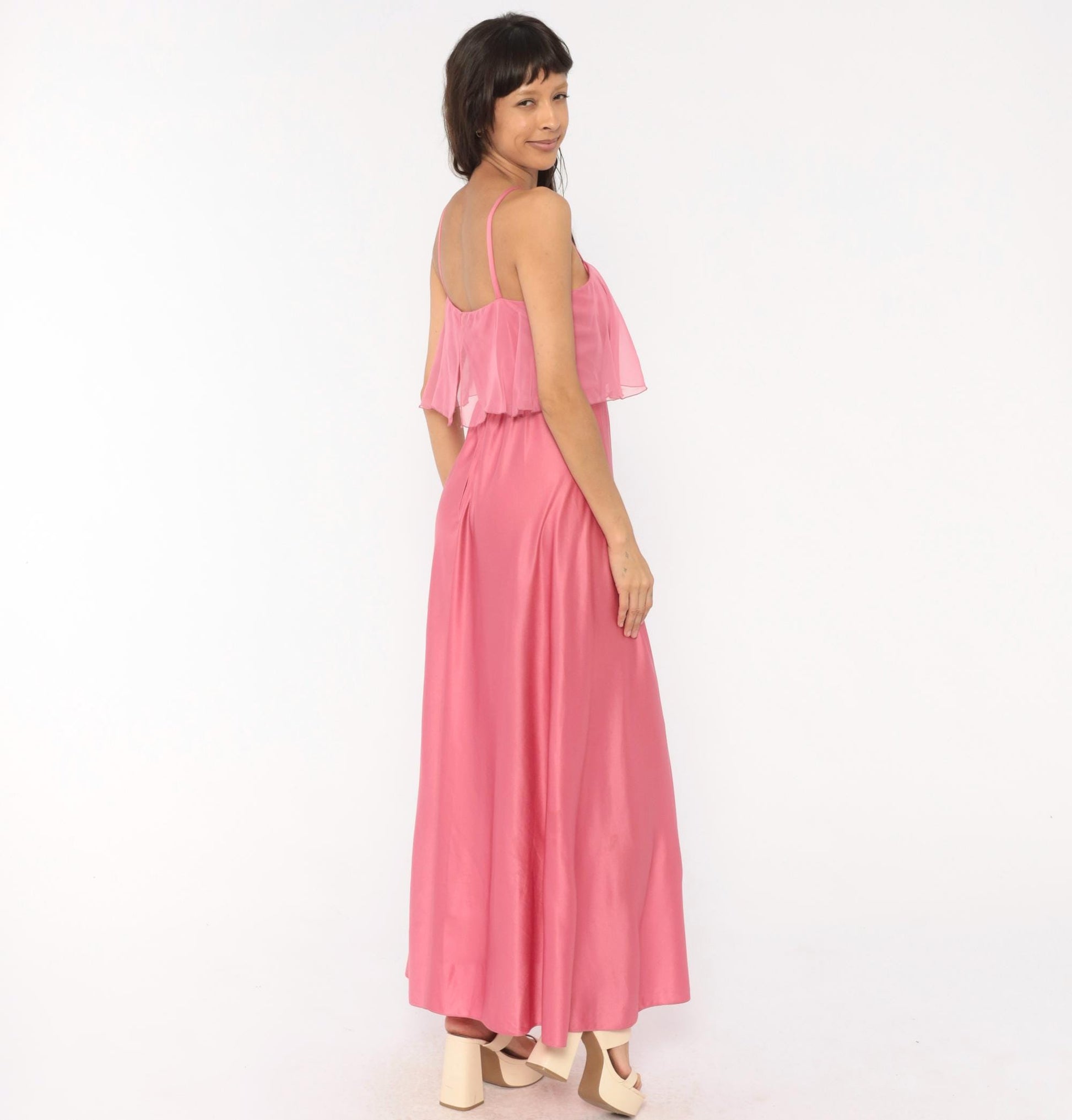 70s Pink Satin Maxi Dress Chiffon Overlay Spaghetti Strap Floor Length Small