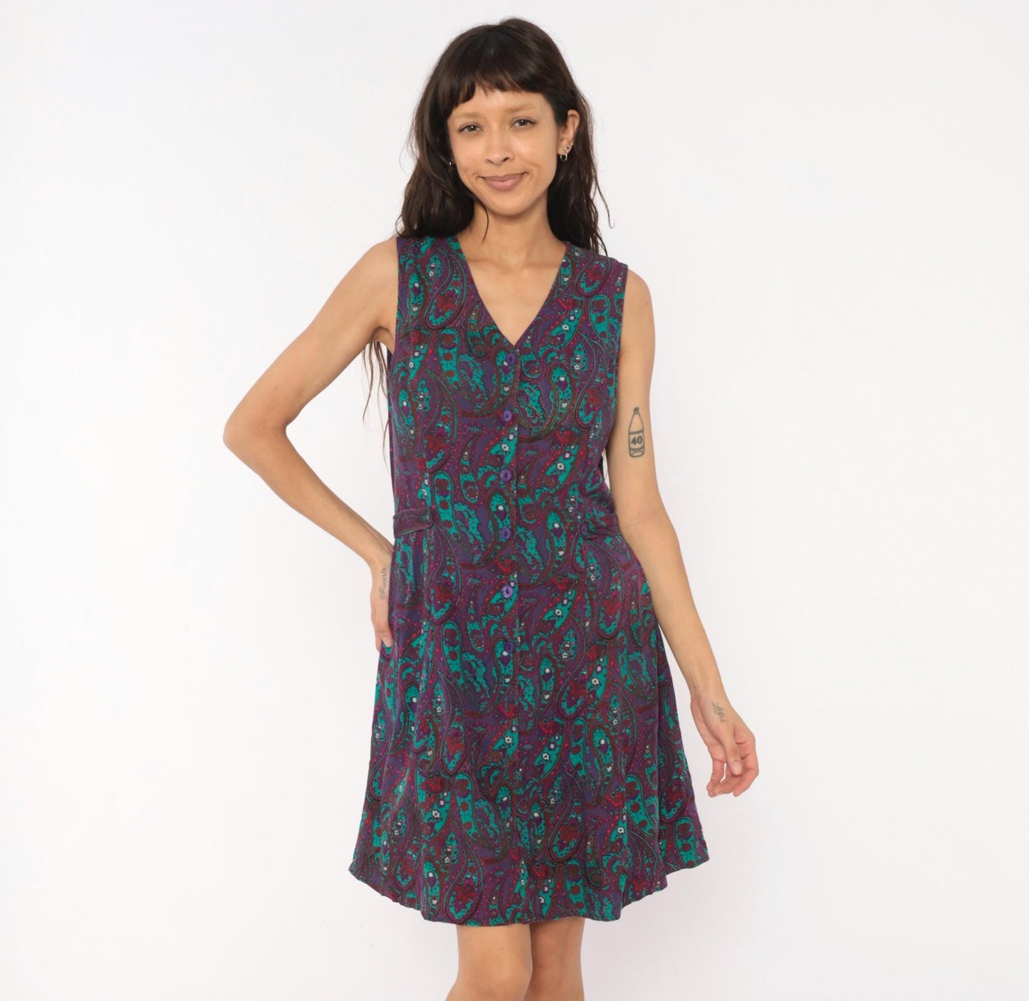 80s Tr Bentley Paisley Floral Dress Purple Teal Button Front Sleeveless Medium