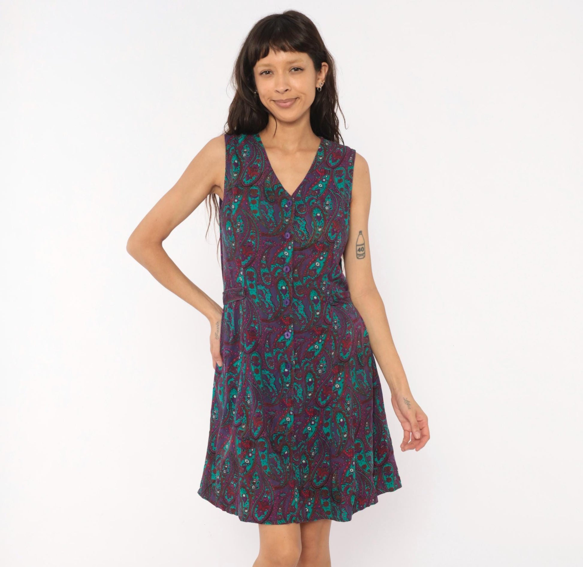 80s Tr Bentley Paisley Floral Dress Purple Teal Button Front Sleeveless Medium