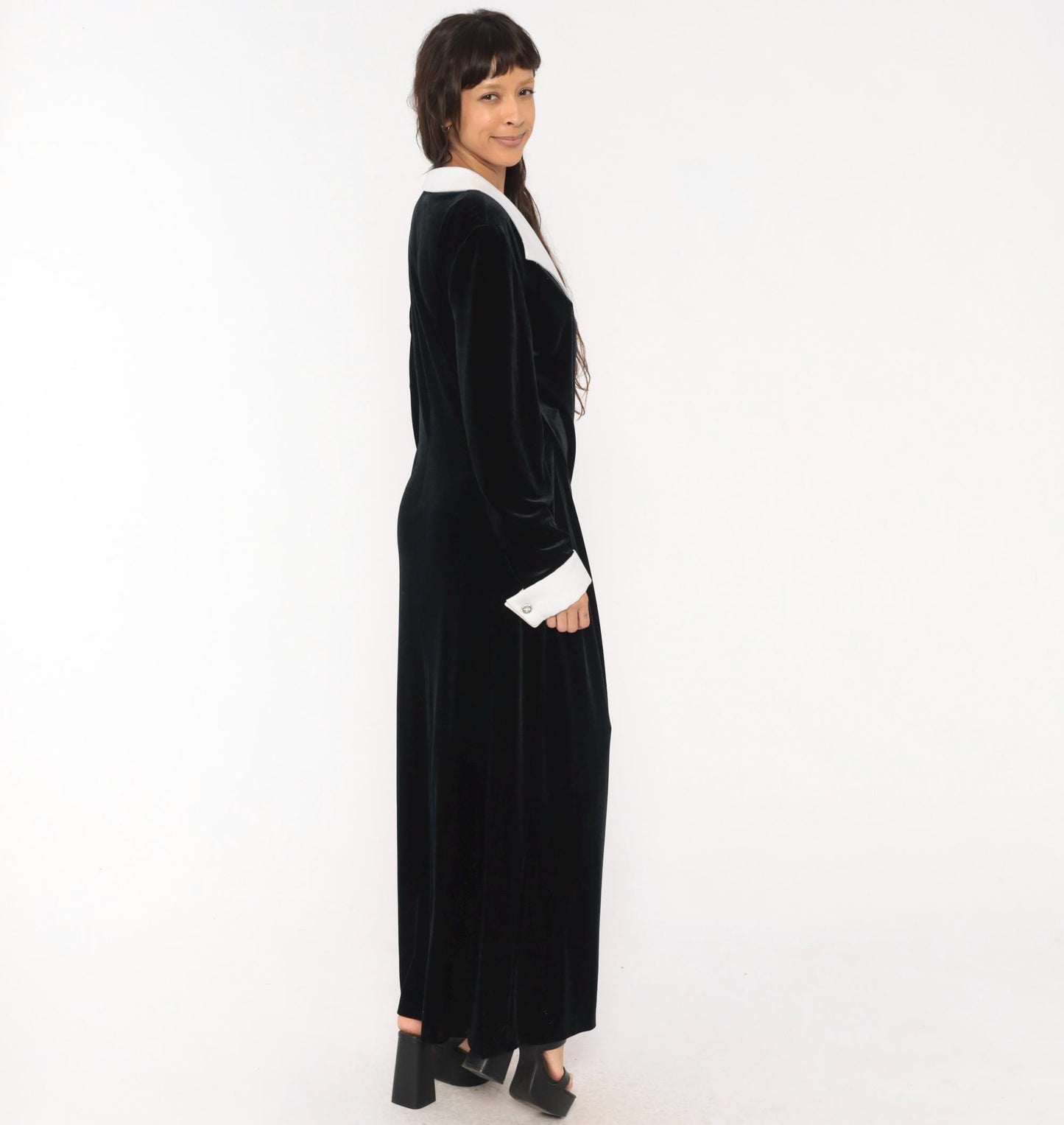 90s Cachet Black Velvet Maxi Gown White Collar Contrast Long Sleeve Extra Large XXL
