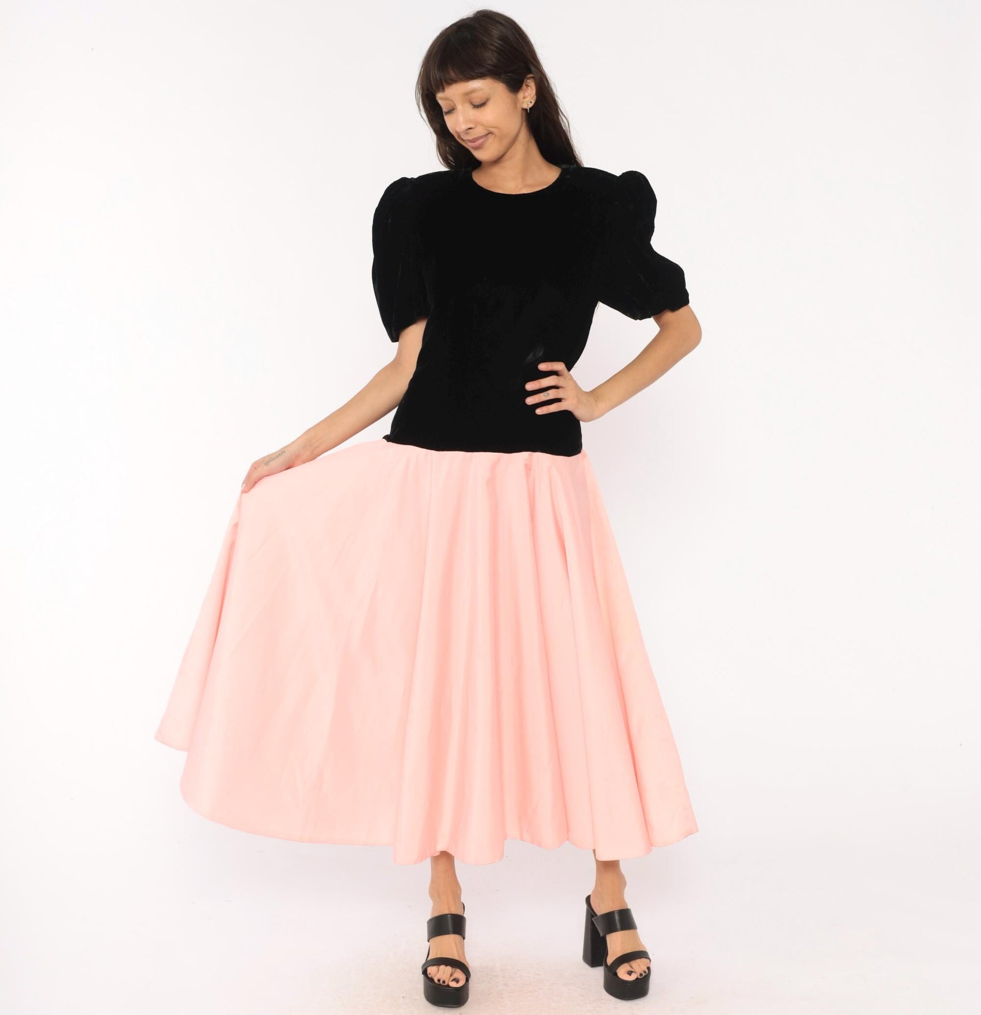 80s S.G. Gilbert Black Velvet Puff Sleeve Maxi Dress Pink Satin Bow Large