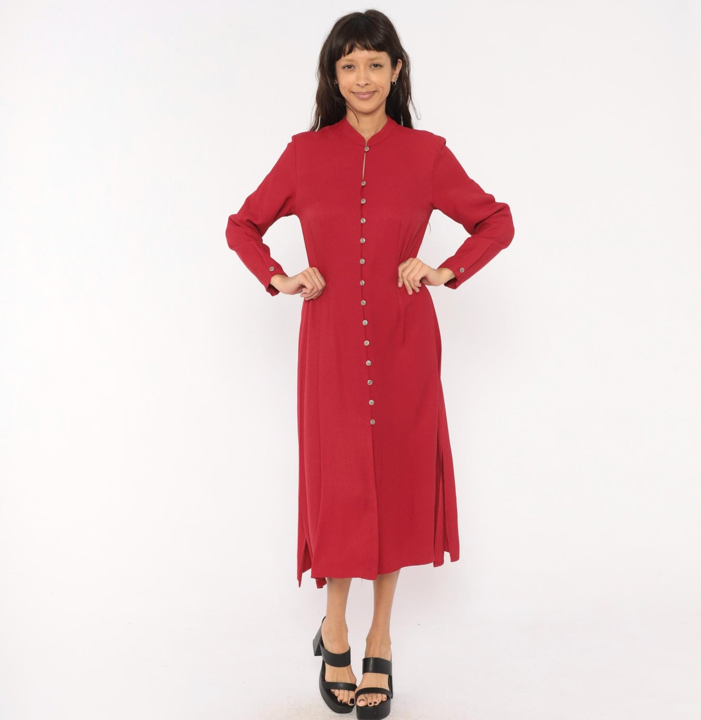 90s Coldwater Creek Cranberry Midi Dress Mandarin Collar Button Front Medium