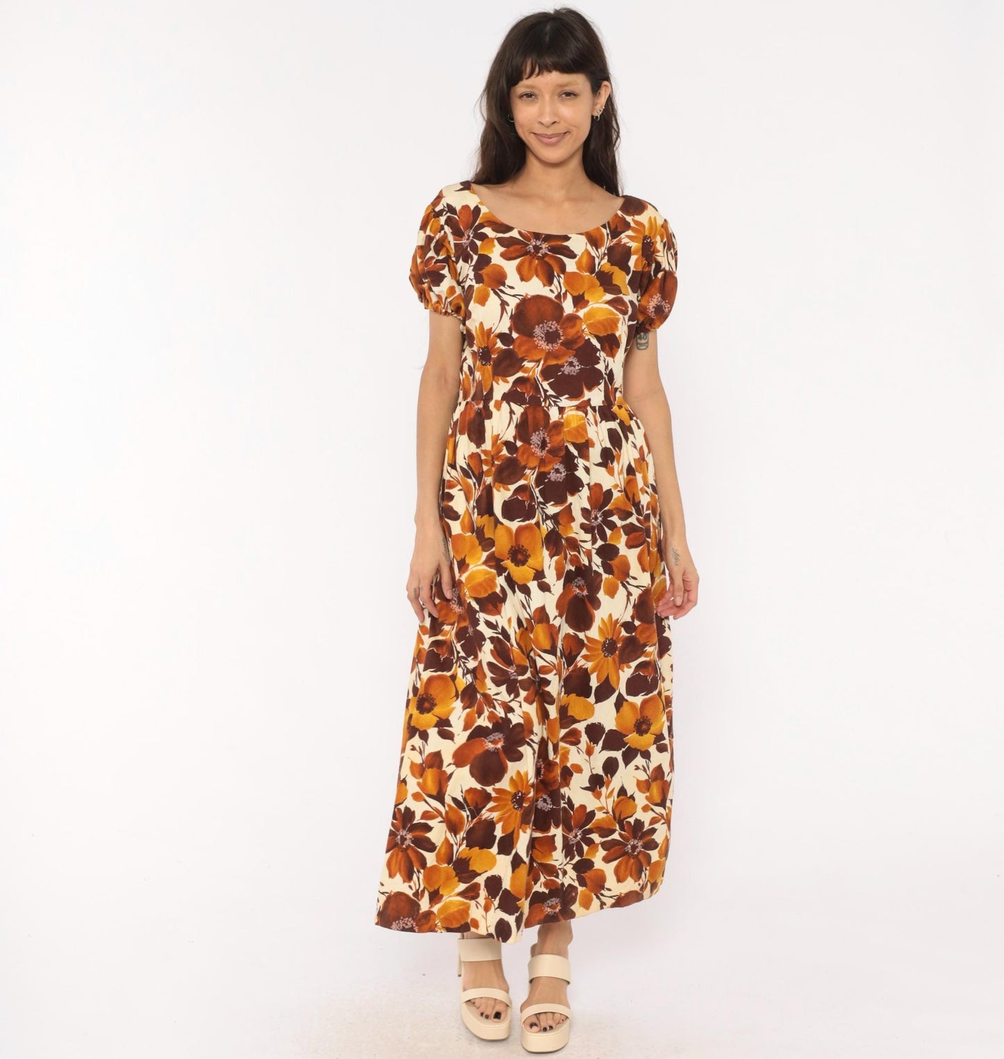 70s Floral Maxi Dress Brown Puff Sleeve Empire Waist Cotton Large L