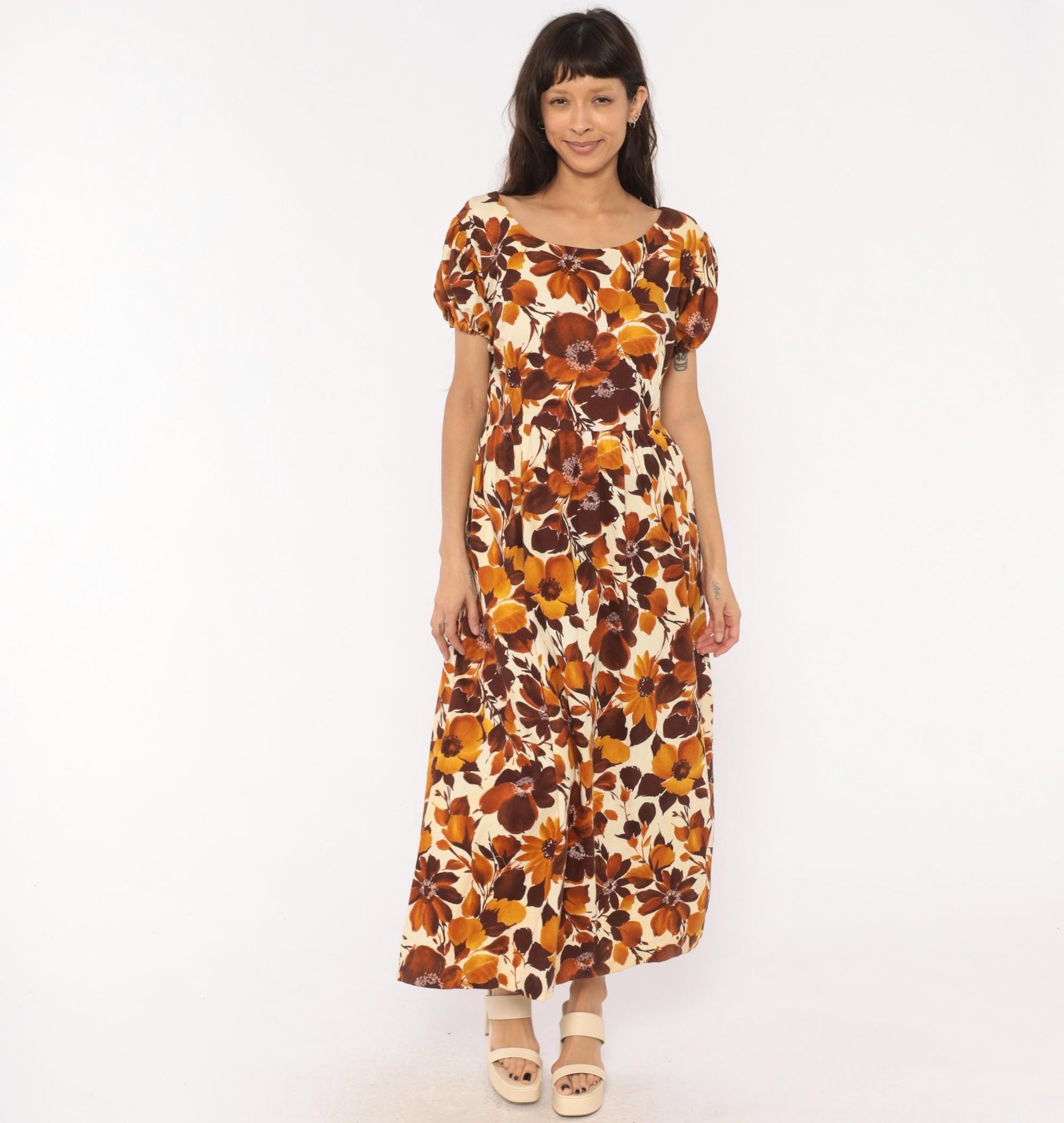 70s Floral Maxi Dress Brown Puff Sleeve Empire Waist Cotton Large L